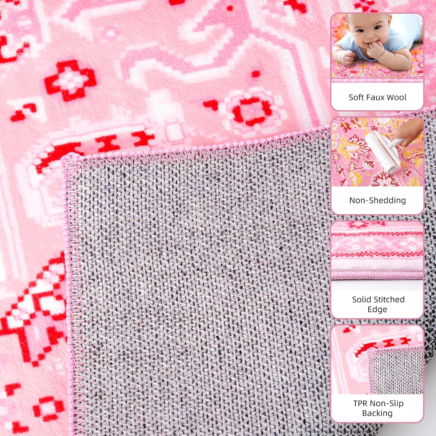 8x10 Area Rugs Machine Washable Boho Rug Oriental Floral Soft Indoor Carpet Low Pile Non Slip Large Rugs for Living Room Bedroom Office Dining Room Decor Aesthetic, Pink