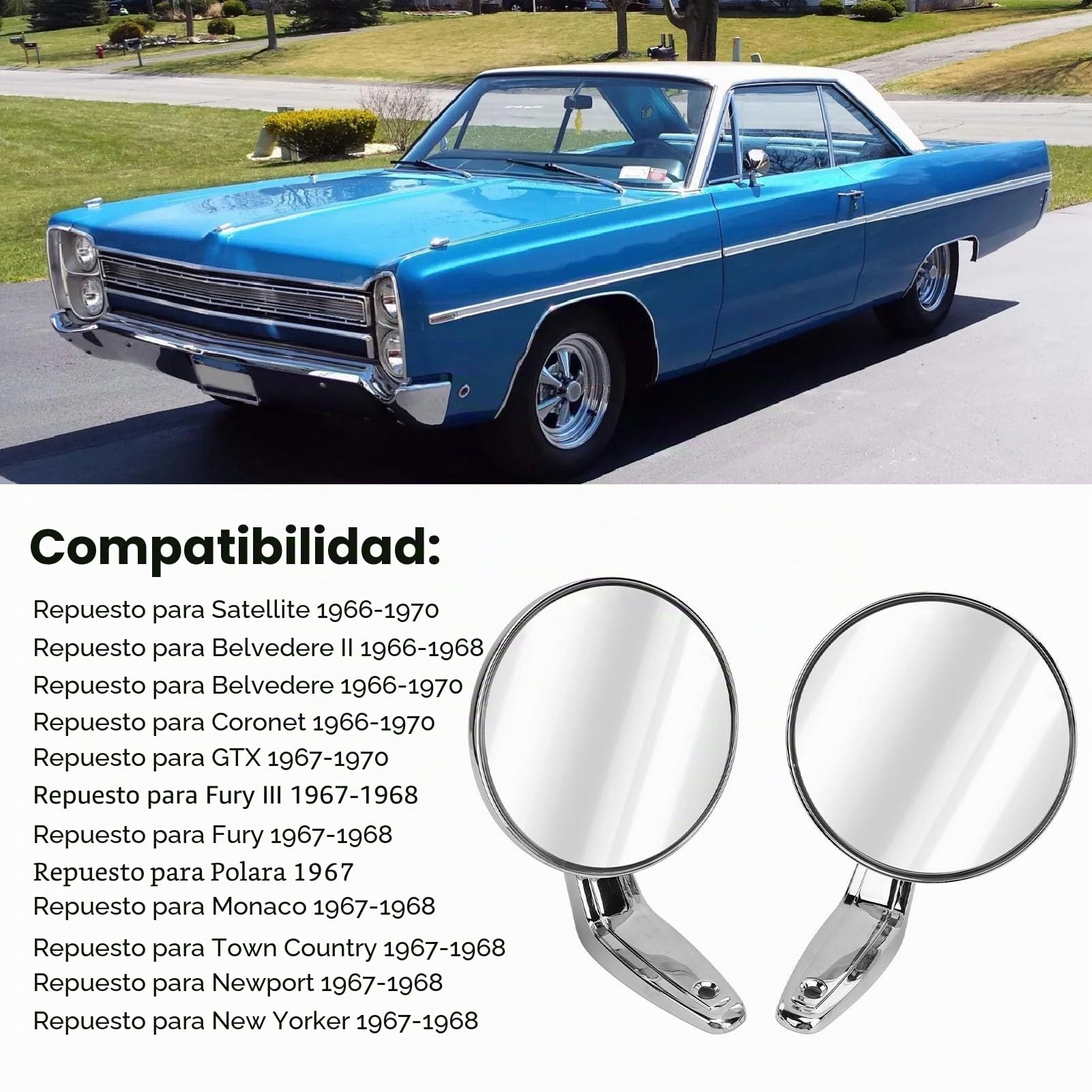 Clásico Ronda Espejo Universal para Belvedere Fury III GTX, 2802710 Zinc Aleación de Cromo Espejos laterales del coche, Conductor/Pasajero Espejo Retrovisor Exterior