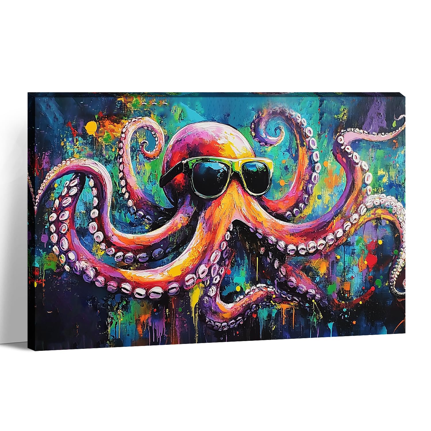 Octopus Canvas Wall Art Funny Marine Life Picture Modern Graffiti Painting Ocean Prints Living Room Bathroom Bedroom Home Office Wall Decor Framed(Art