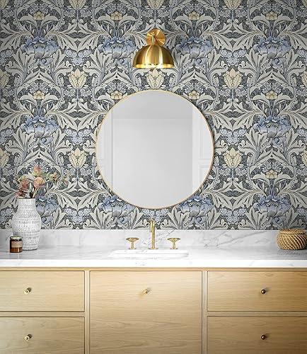 Miniatura 3 de NextWall Morris Papel pintado de flores de despegar y pegar (carbón y azul Carolina)