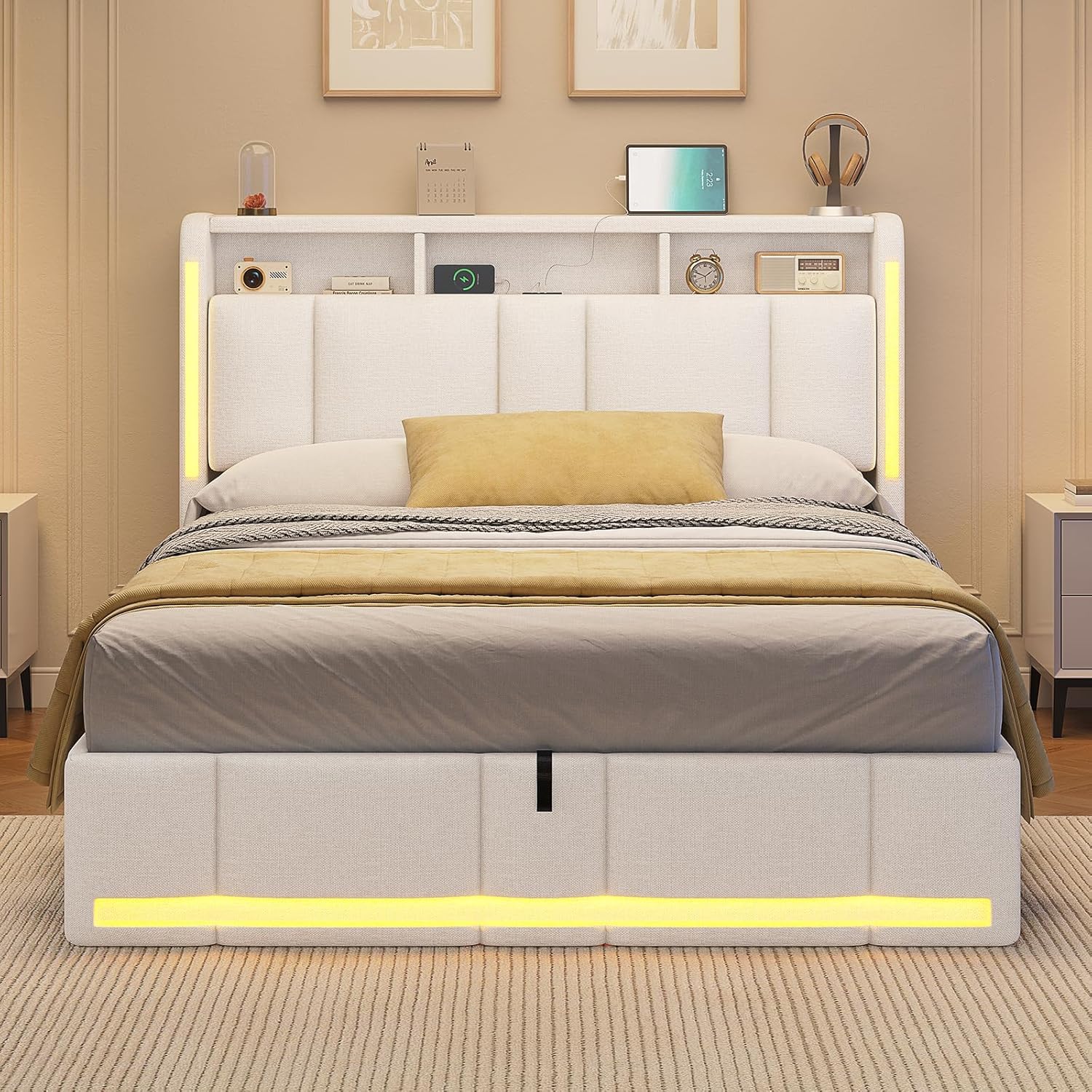 AOGLLATI Letto Matrimoniale con Contenitore 140x200 cm, Struttura Letto Matrimoniale con Illuminazione a LED e Stazione di Ricarica, Letto Imbottito con Sollevamento Idraulico e Testiera, Beige