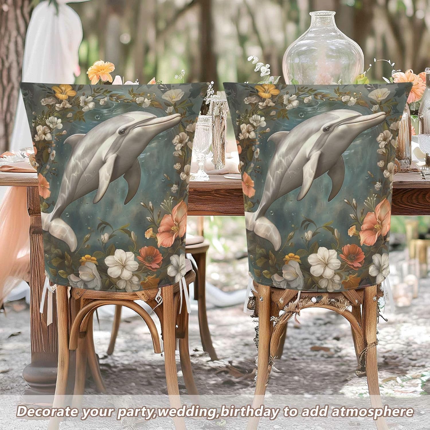 ALAZA Dolphin Flowers Chair Back Cover Set of 6, Washable Reusable Removable Chair Slipcovers Decorative Chair Cover for Home Kitchen Wedding Party