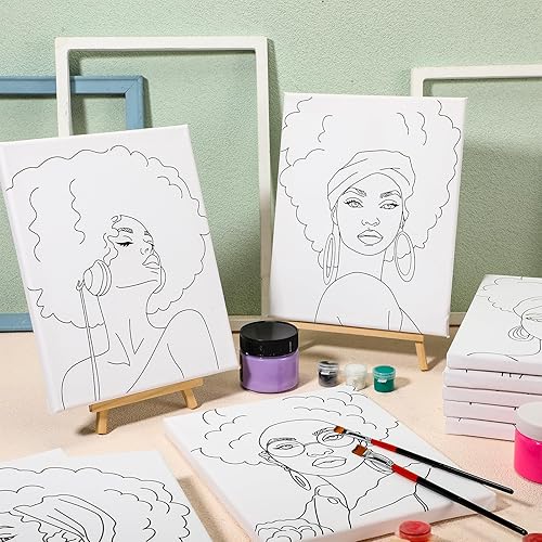 Miniatura 6 de Sherr 20 lienzos estirados predibujados, arte negro Afro Queen para pintar para adultos, contorno predibujado estirado, lienzo de algodón, lienzo de