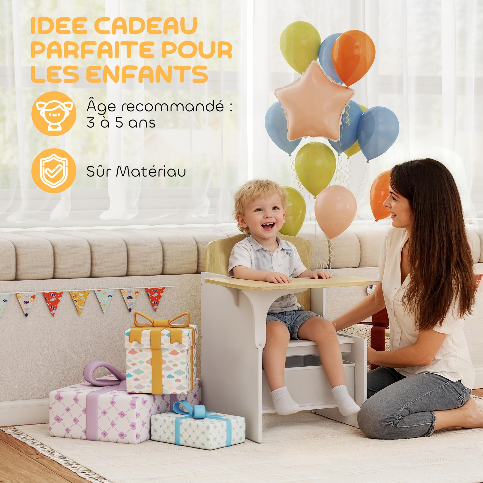 AIYAPLAY Escritorio y Silla para Niños con Bandeja de Almacenamiento 3-5 Años Blanco | Conjunto Mesa de Actividad 2 en 1, Dibujo, Lectura, Juegos