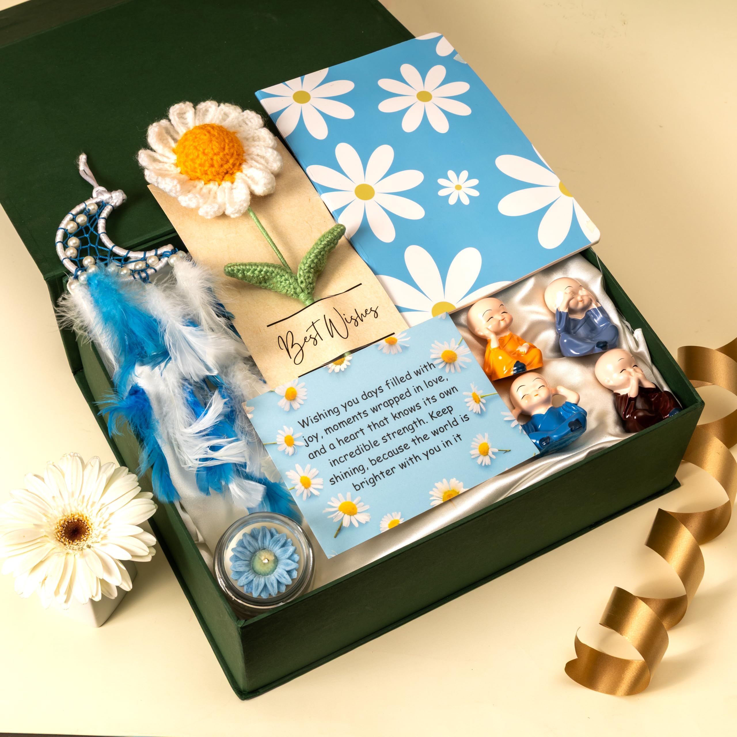 Rarejoy Gift Hamper for Women | Luxury Gift Hamper for All Occassions | Crochet Flower, Candle, Diary, Dreamcatcher, Monks & Card | Perfect Birthday & Anniversary Valentine Primium Gift Pack of 6