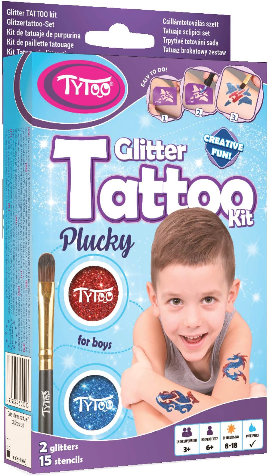 Glitter Tattoo Kit for Boys with 15 amazing stencils - HYPOALLERGENIC AND CRUELTY FREE - 8-18 lasting temporary tattoos