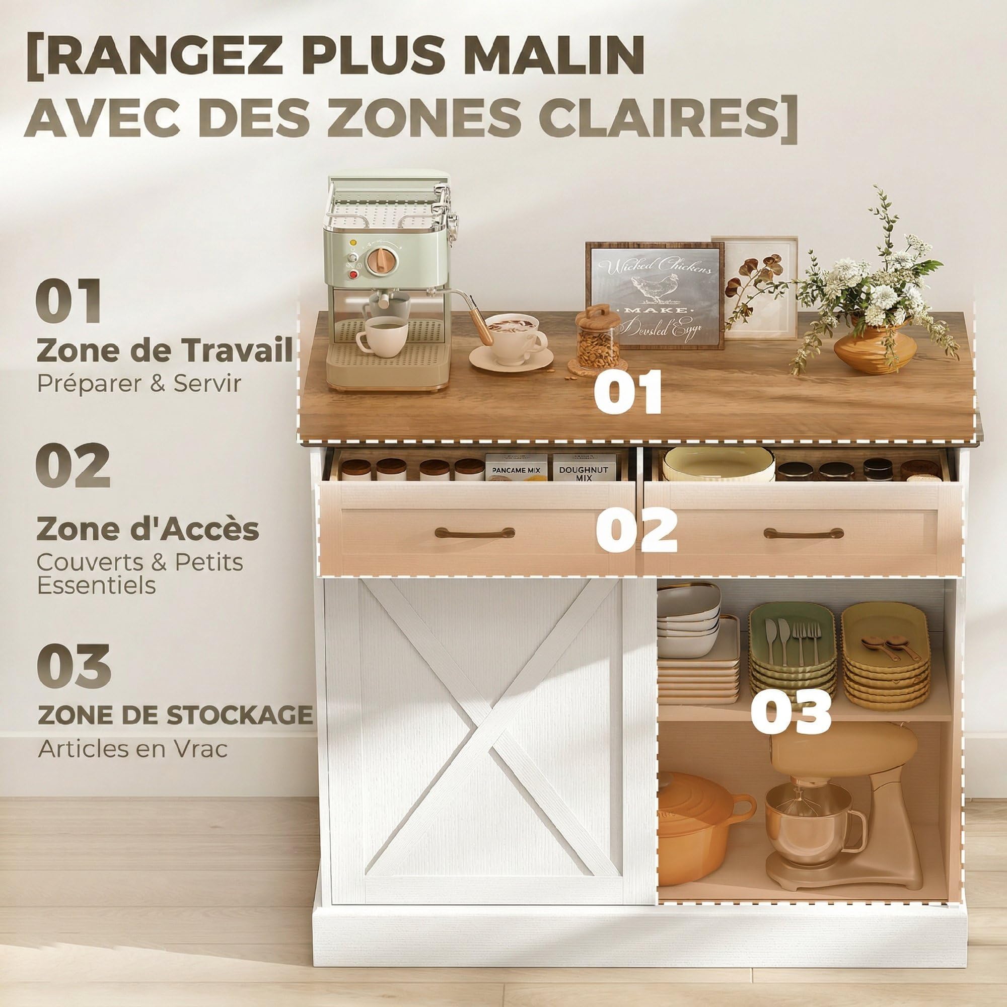 HOMCOM Îlot Central Cuisine, Buffet Cuisine, Meuble de Rangement avec 2 Tiroirs, 2 Portes Coulissantes et Étagère Réglable, Style Rustique, 106,4 x 57 x 92 cm, Blanc et Marron