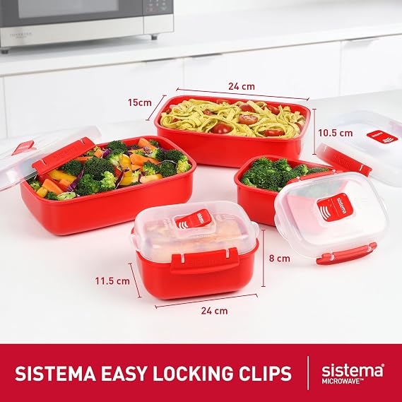 Sistema Heat and Eat Microwave Set | 1.25 L525 ml | Rectangular School Lunch Boxes with Steam Release Vents | BPA-Free | 4 Count