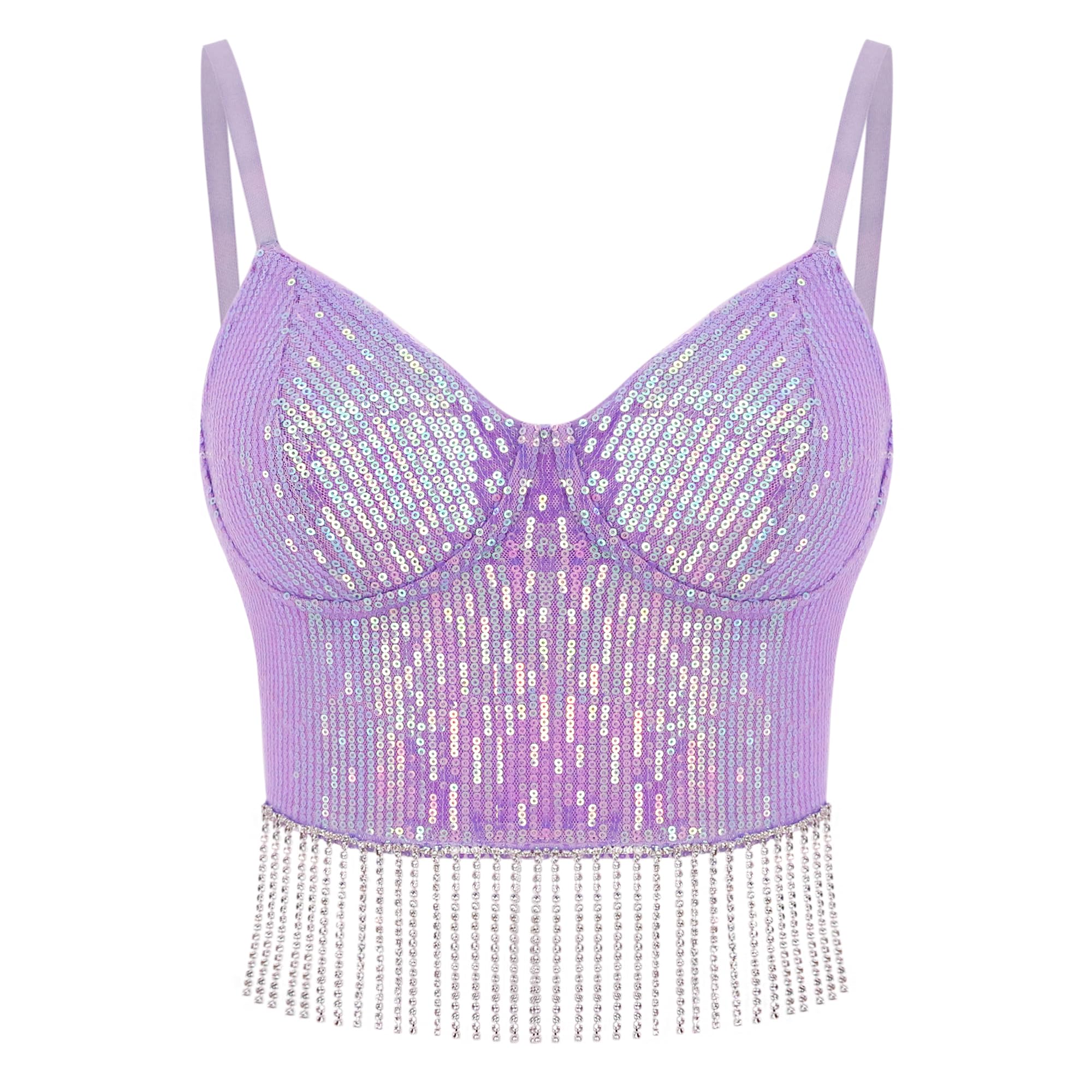 Segreto Camiseta de tirantes para mujer, con lentejuelas, sin mangas, tirantes finos, sexy, para festivales, fiestas, clubes