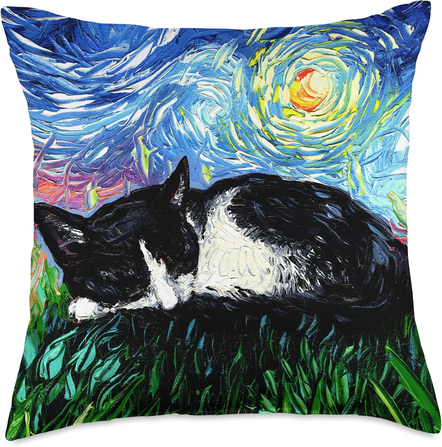 Sleeping Tuxedo Cat Starry Night Kitten Artwork Throw Pillow