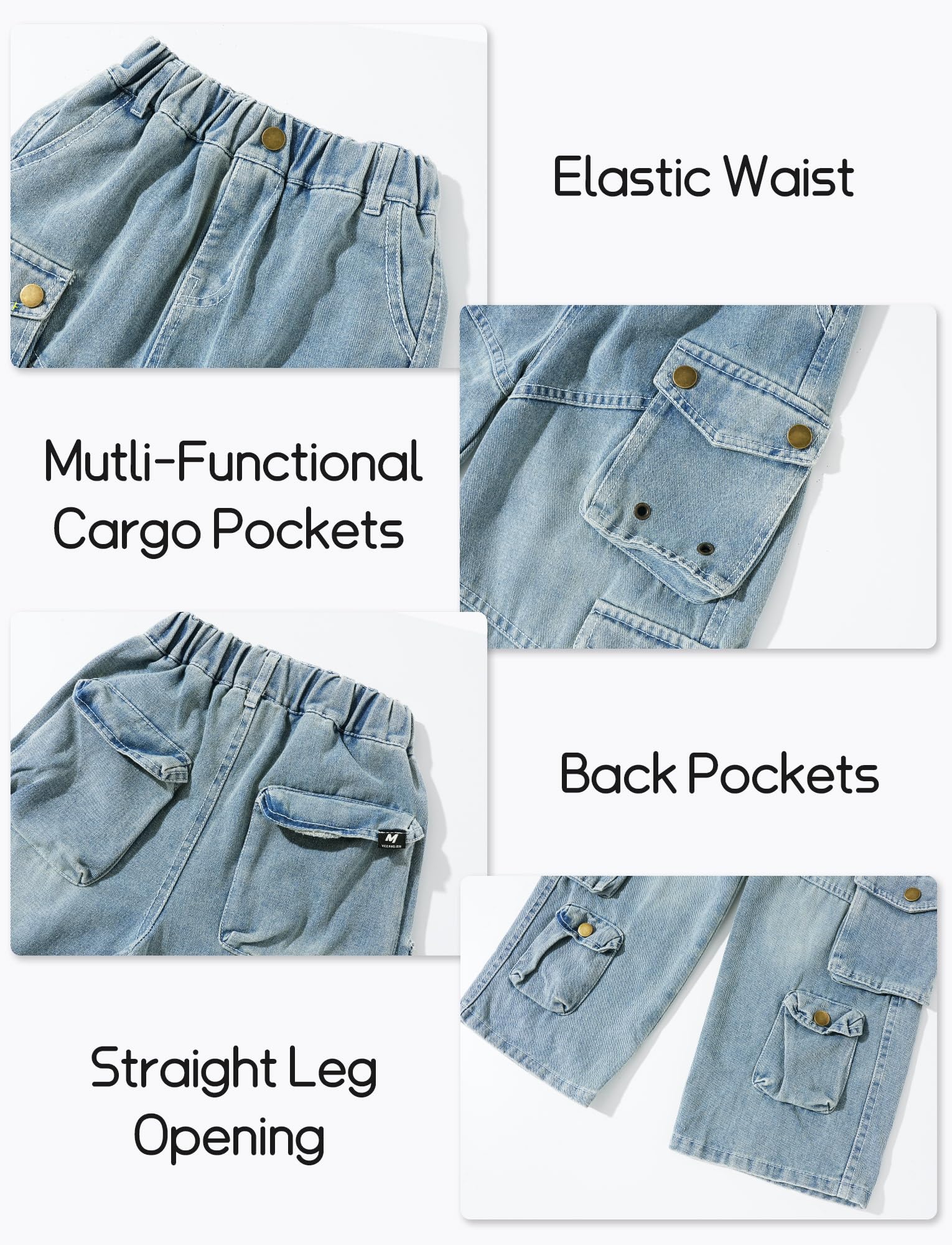 Maeau Jeans mit Weitem Bein für Mädchen, Denim Hose Gerade, Cargo Freizeithose mit elastischem Bund und Taschen, Größe 120-170