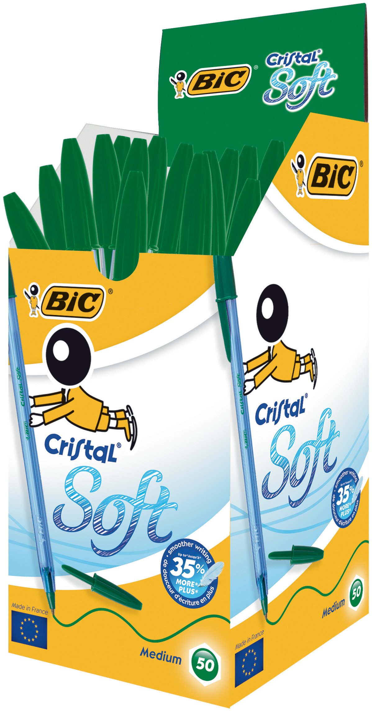 BIC Cristal Soft Bolígrafos de punta media (1.2 mm) con sistema Easy Glide System para una escritura hasta un 35% más fluida - color verde, caja de 50 unidades