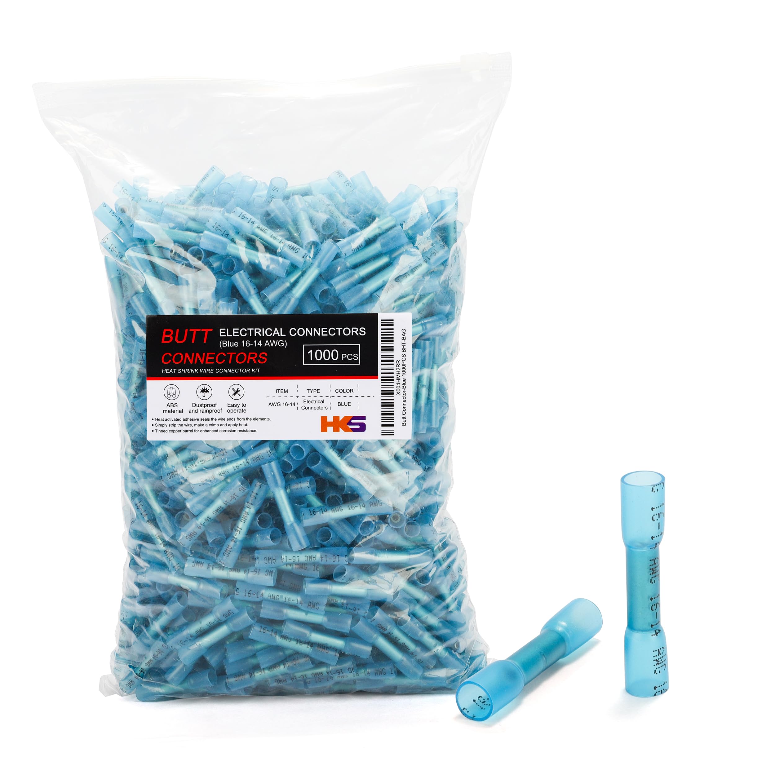 HKS 1000 conectores termorretráctiles azules 16-14 AWG, conectores eléctricos, cobre rojo estañado de 0,8 mm, crimpado estéreo para barco, impermeable y aislado