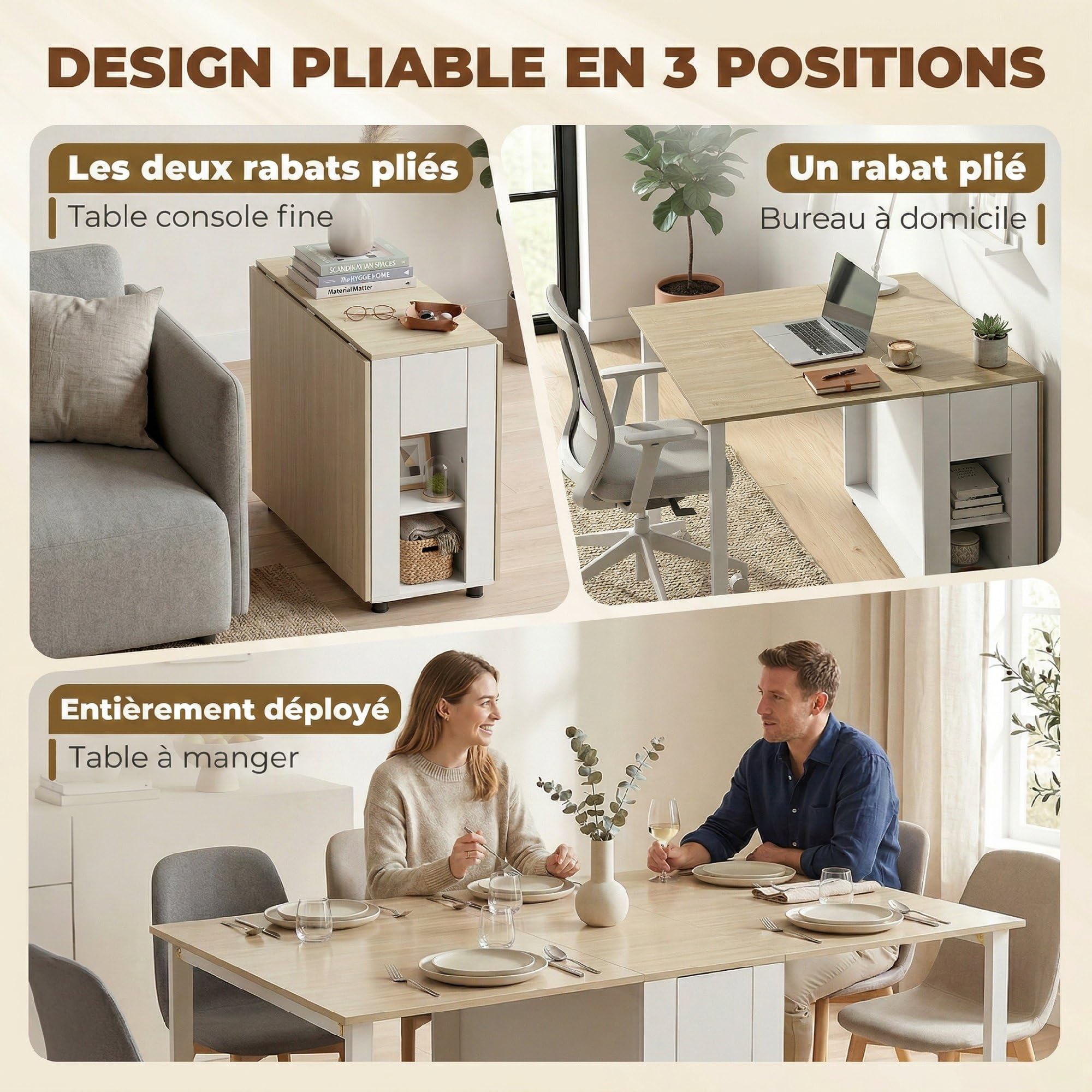 HOMCOM Table à Manger Pliante pour 6 Personnes 39-168 cm 2 Tiroirs Blanc | Table de Cuisine Rectangulaire, 2 Abattants, 4 Étagères Ouvertes, Pieds en Bois de Pin, Petit Espace, Salle à Manger