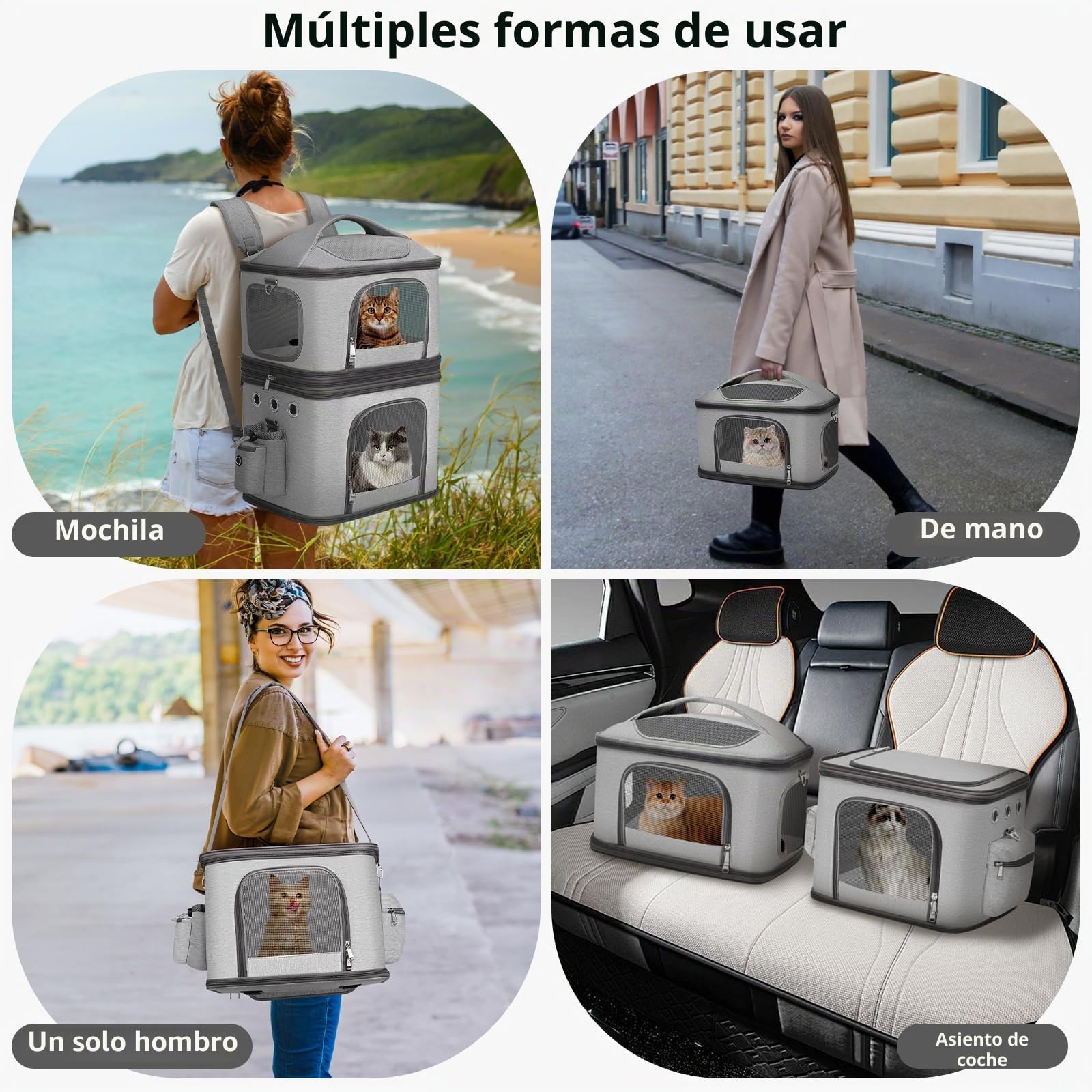 Mochila Desmontable para 2 Gatos, Plegable Transportin Doble para 2 Gatos de hasta 12 kg, Gris