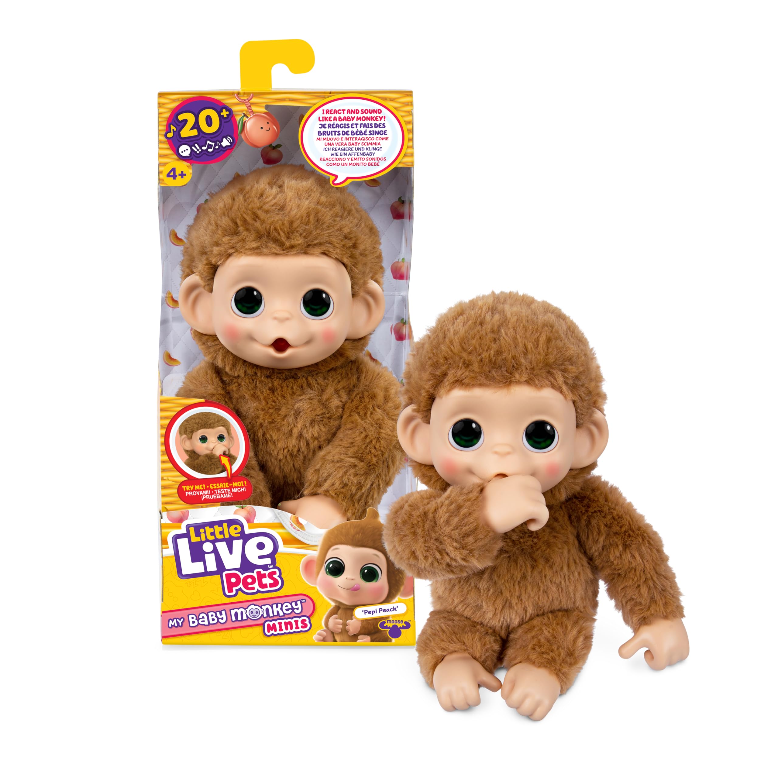 Little Live Pets Baby Monkey Minis – Pepi Peach. Interactive Pet Toy. 20+ Sounds & Reactions. Soft Brown Fur, 7.4" Tall. Super Realistic. Feed, Nurture, React. Grippy Hands & Feet. Collect All 3