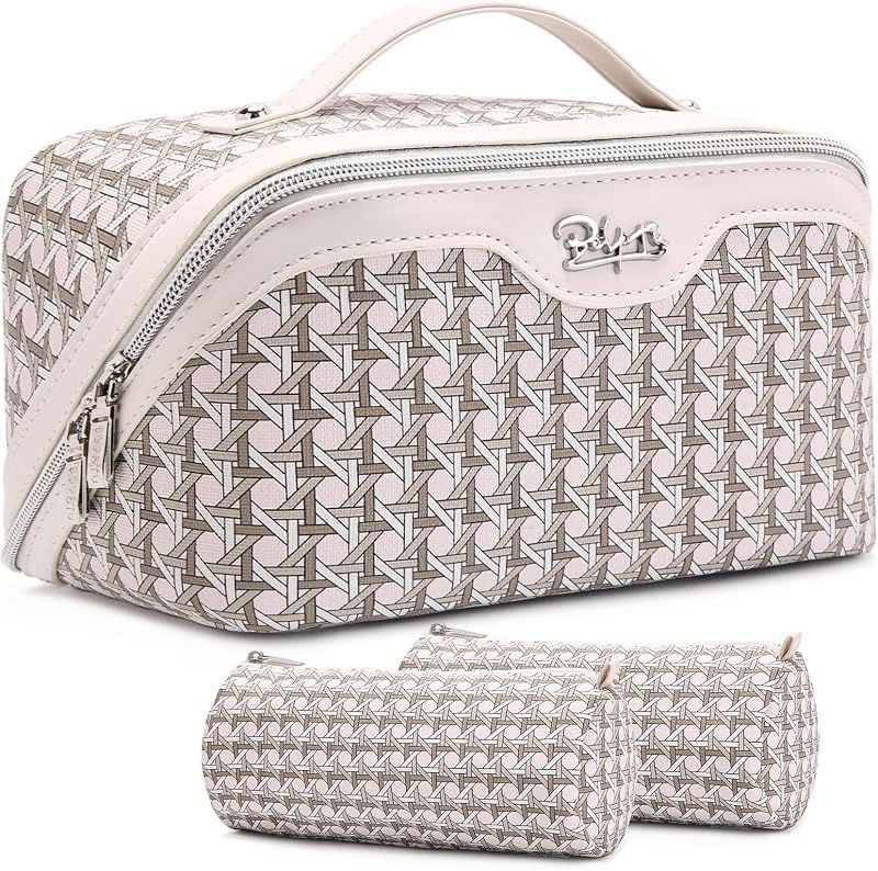 BOYATU Necessaire de maquiagem para viagem em 3 unidades com compartimentos, alça e material sintético, M-80Off-white