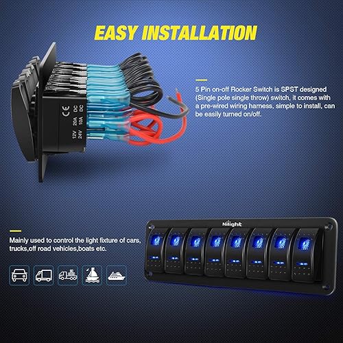 Miniatura 3 de Nilight Interruptor basculante de aluminio de 8 cuadras, tablero de palanca de 5 pines, interruptor basculante precableado con cable para automóvil,