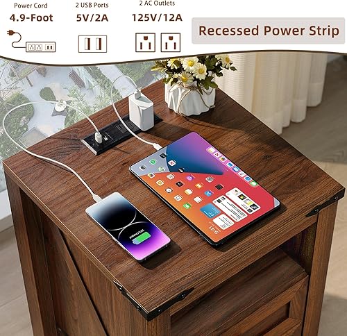 Miniatura 5 de Juego de 2 mesitas de noche con estación de carga, mesa auxiliar de granja con 2 cajones y estante abierto, mesa de sofá rústica de madera, armario