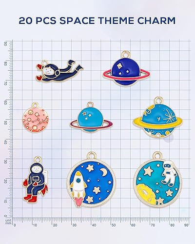 Miniatura 2 de JIALEEY Abalorio con temática espacial, chapado en oro, surtido de esmalte mixto de astronauta Júpiter, cohete, planeta, celestial, colgante para