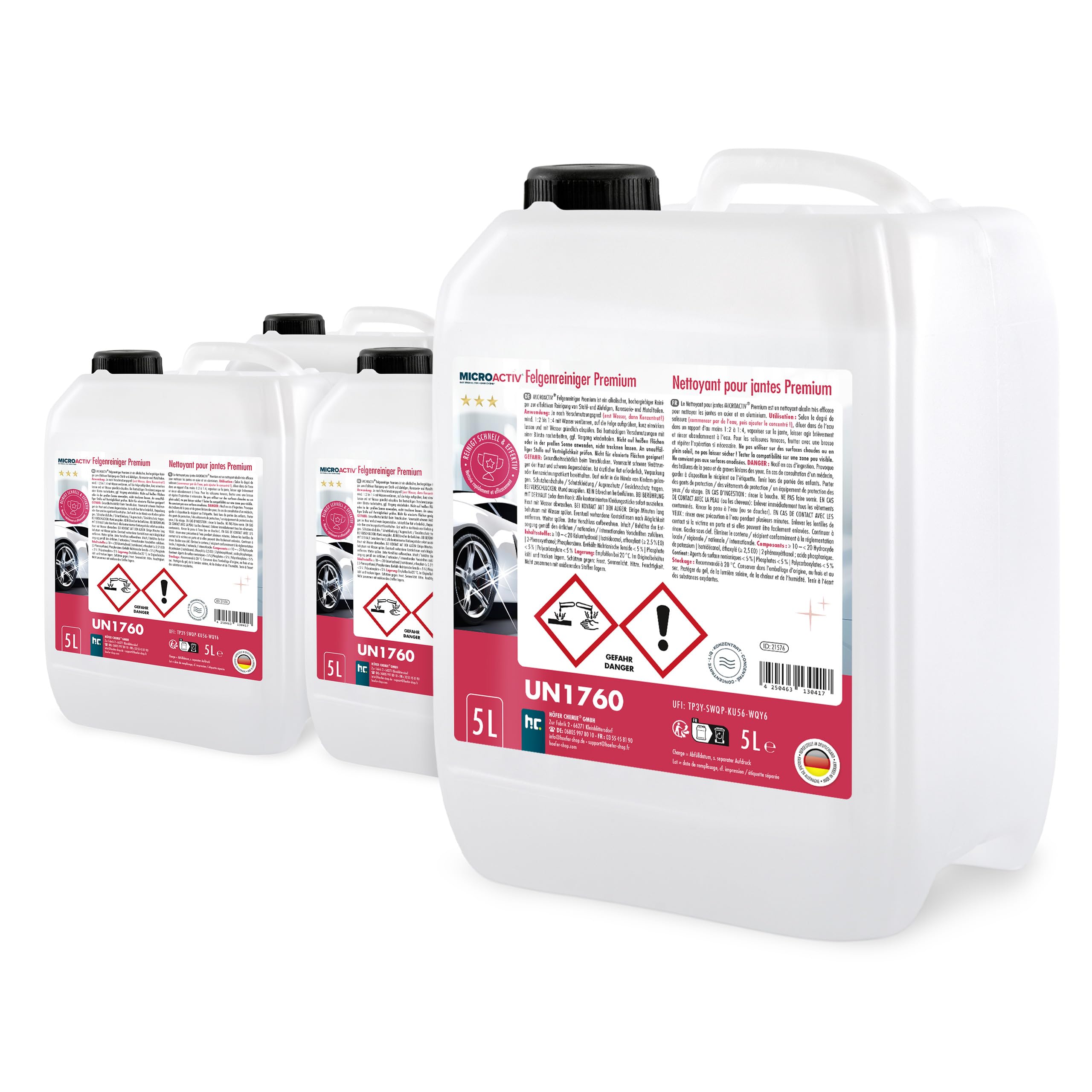 MICROACTIV® Felgenreiniger Premium Konzentrat 4 x 5 L | Alkalischer Profi Felgenreiniger gegen Bremsstaub & Flugrost – Für Alufelgen, Stahlfelgen & Karosserie – anwendungsfertig