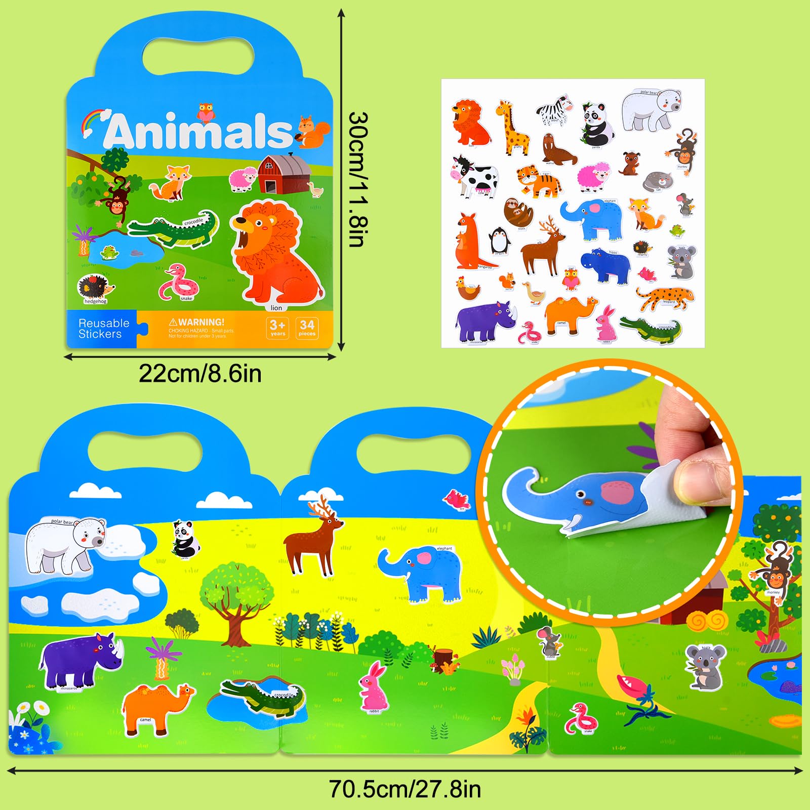 NEBURORA Livre d'autocollants gonflés réutilisables pour enfants, 88 autocollants animaux,livre d'autocollants de voyage et autocollants de scènes de jouets d'apprentissage éducatifs
