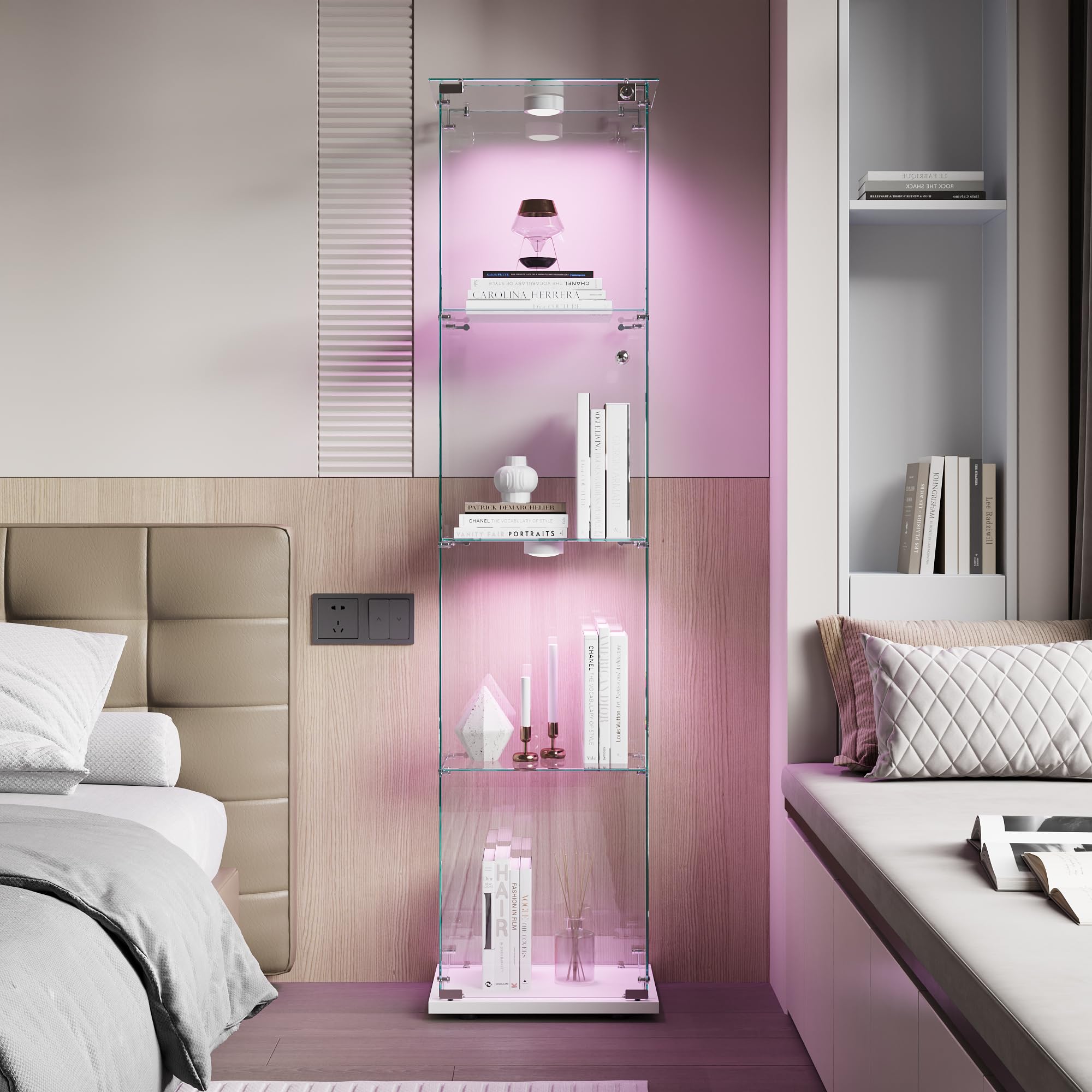 Vitrina de Cristal de 163 x 40 x 35 cm con 4 estantes 1 Puertas, Vitrina de pie con LED, Armario de colección Moderno para salón, Dormitorio, Oficina, Blanco y Puerta Individual + Luces de Pat