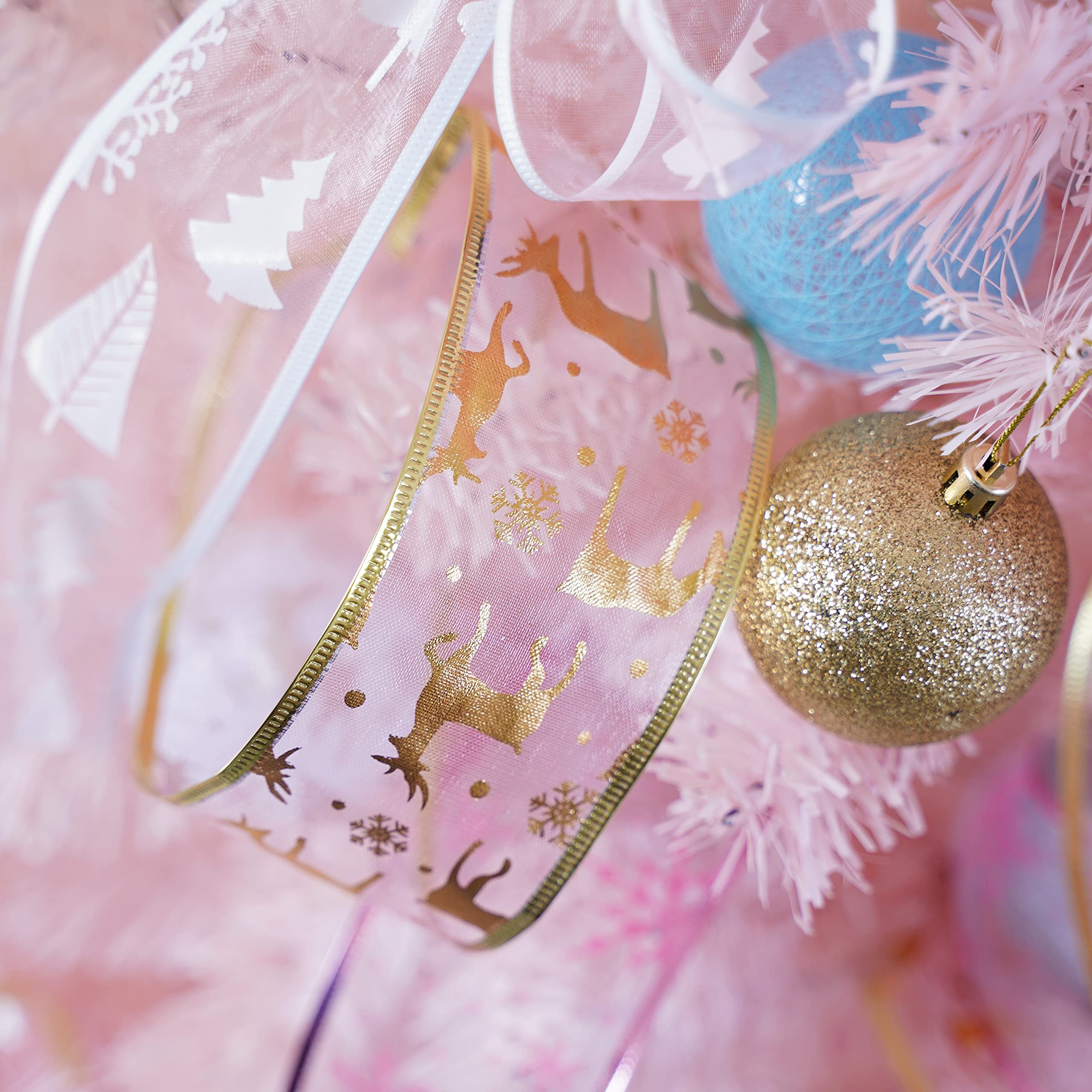 MEEDEE Weihnachtsband, 6.3 cm, 6 Rollen, 36 Yards, rosafarbenes Gold, Weihnachtsbaumschmuck, Drahtband, Sortiment perfekt für Geschenkverpackungen, Schleife, Girlande, Kranz, Treppenhaus, Dekoration