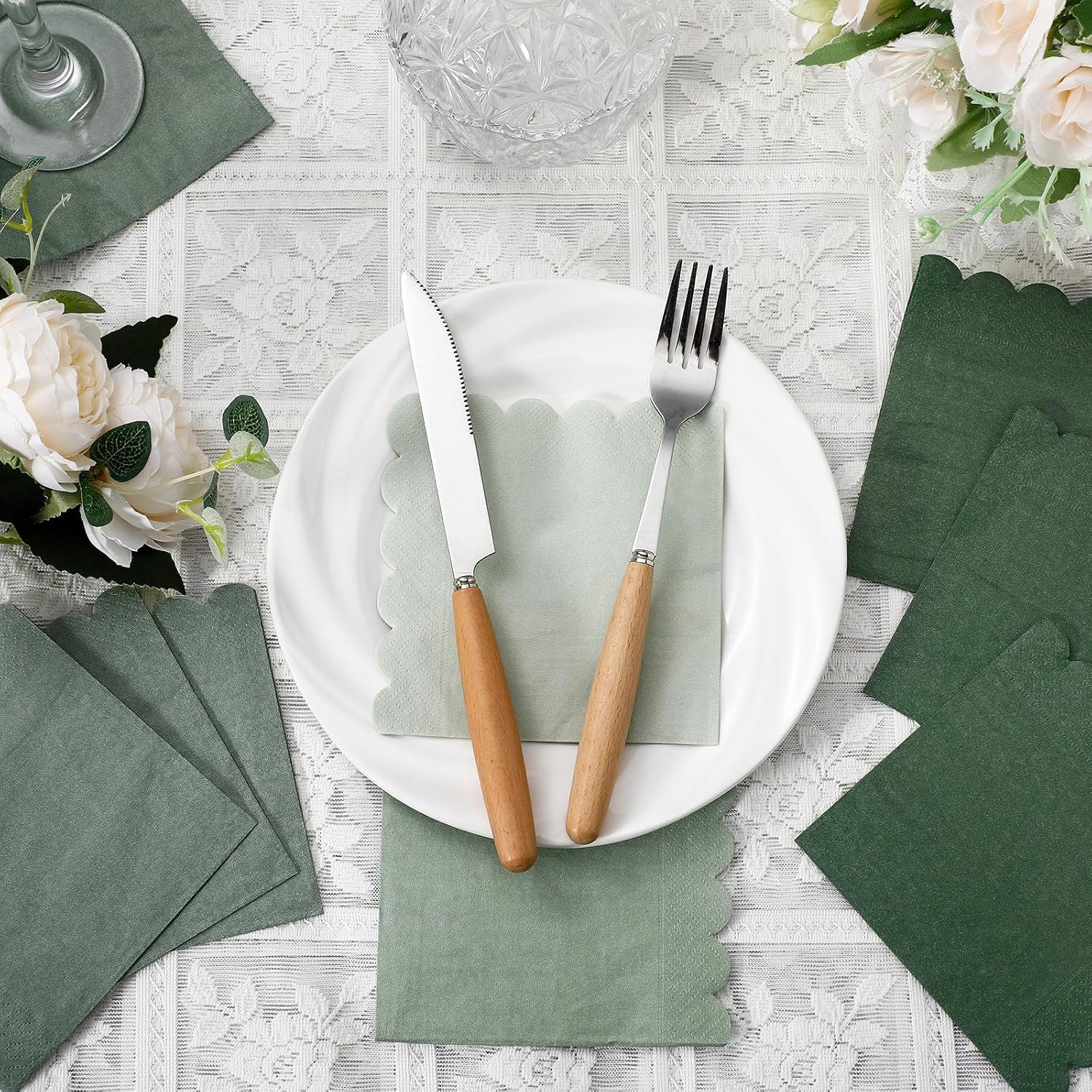 Zhanmai 100 Pack Sage Green Cocktail Napkins 2ply Scalloped Napkin 5 x 5 in image 4