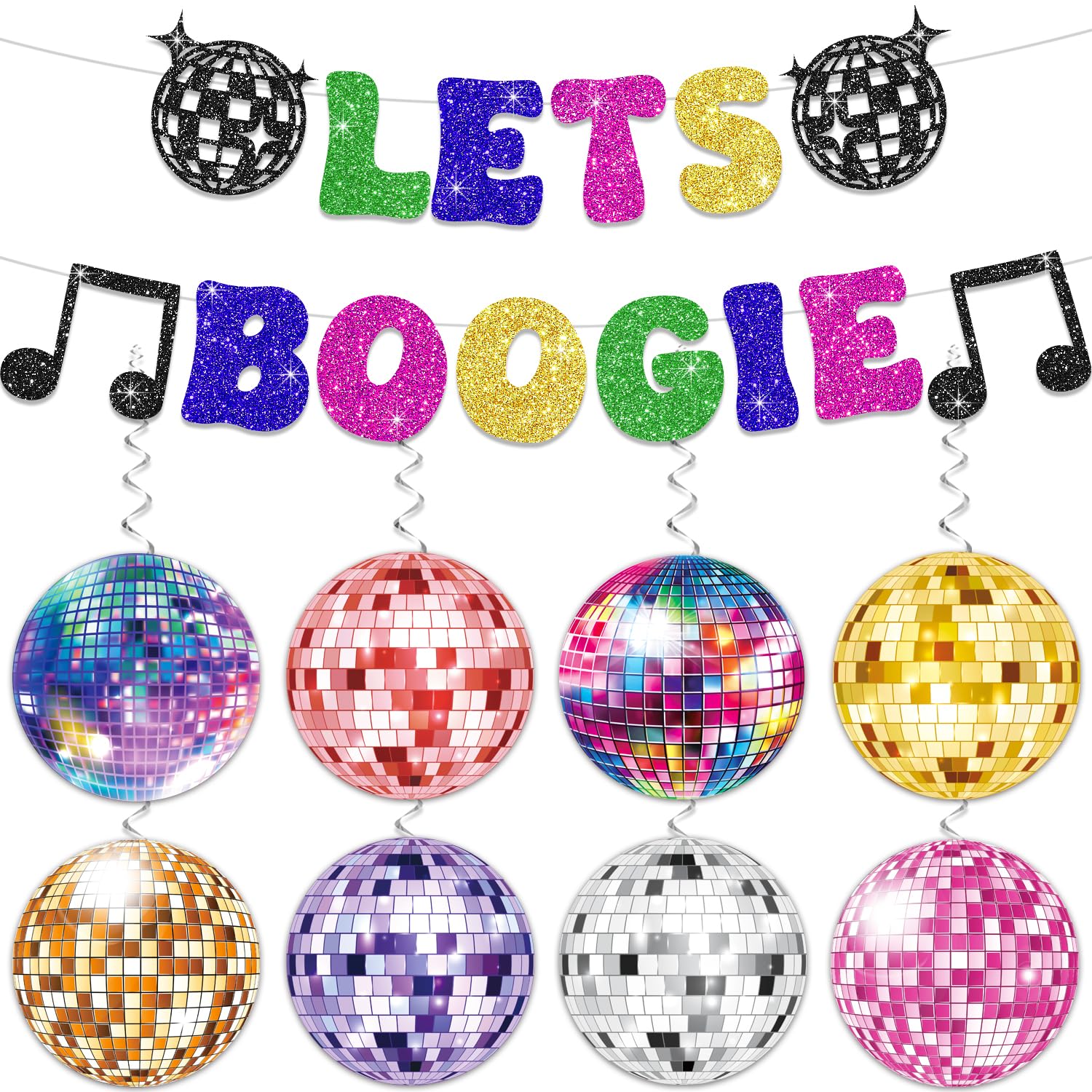 70s Party Banner and Hanging Swirls, Disco Themed Party Decorations for Back to 60s 70s 80s 90s, Disco Ball for Ceiling