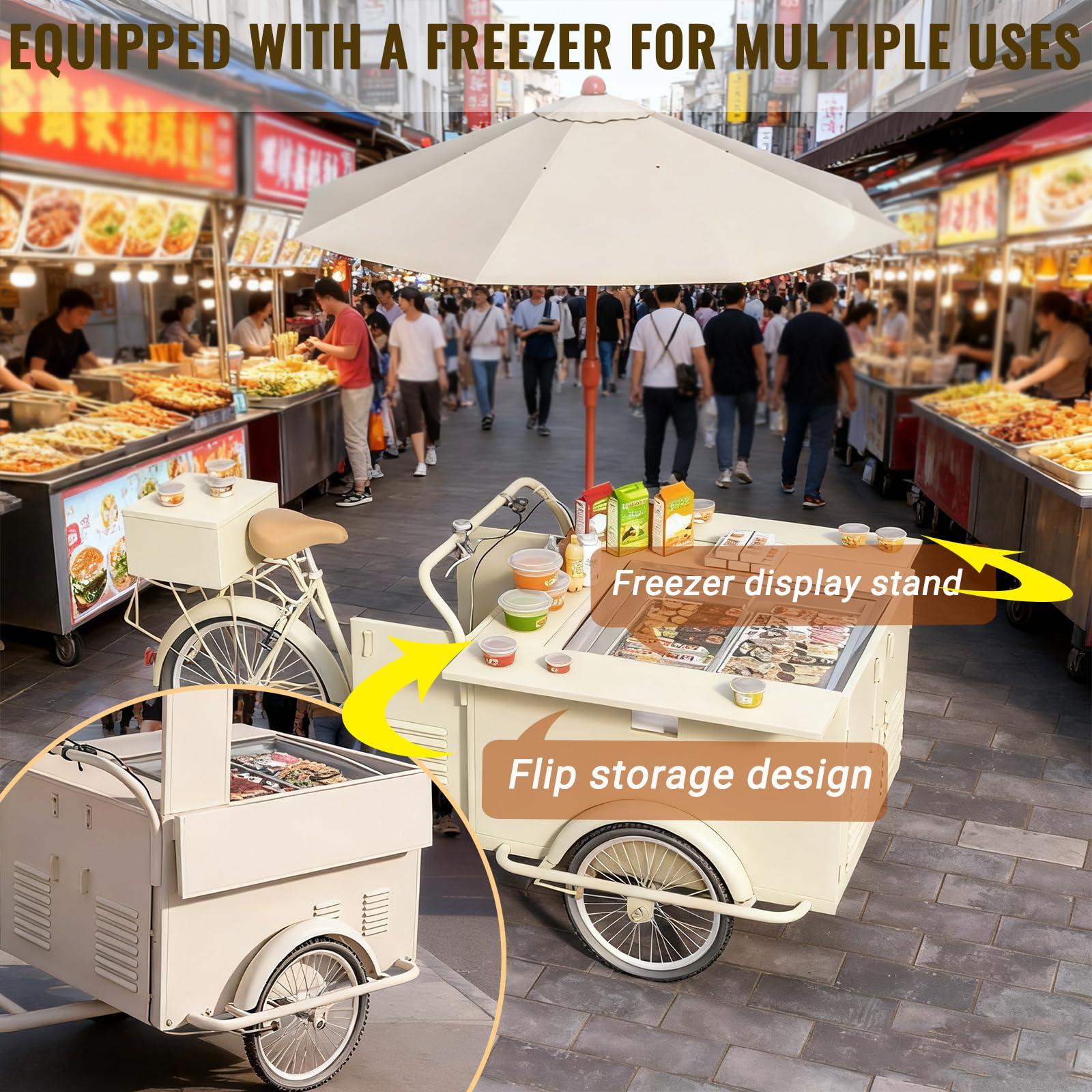 Mobiles Dreirad Food Truck Saft Vending Cart, Street Food Vending Dreirad mit Baldachin für Eis, Snacks und Getränke