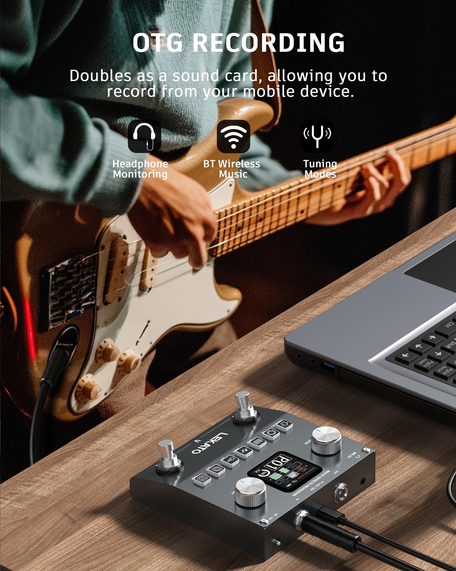 LEKATO Pedal Multi-Efectos para Guitarra,Procesador de efectos para bajo recargable con 6 módulos de efectos, 80 presets editables,Edición APP,Carga IR,Grabación OTG,Función BT