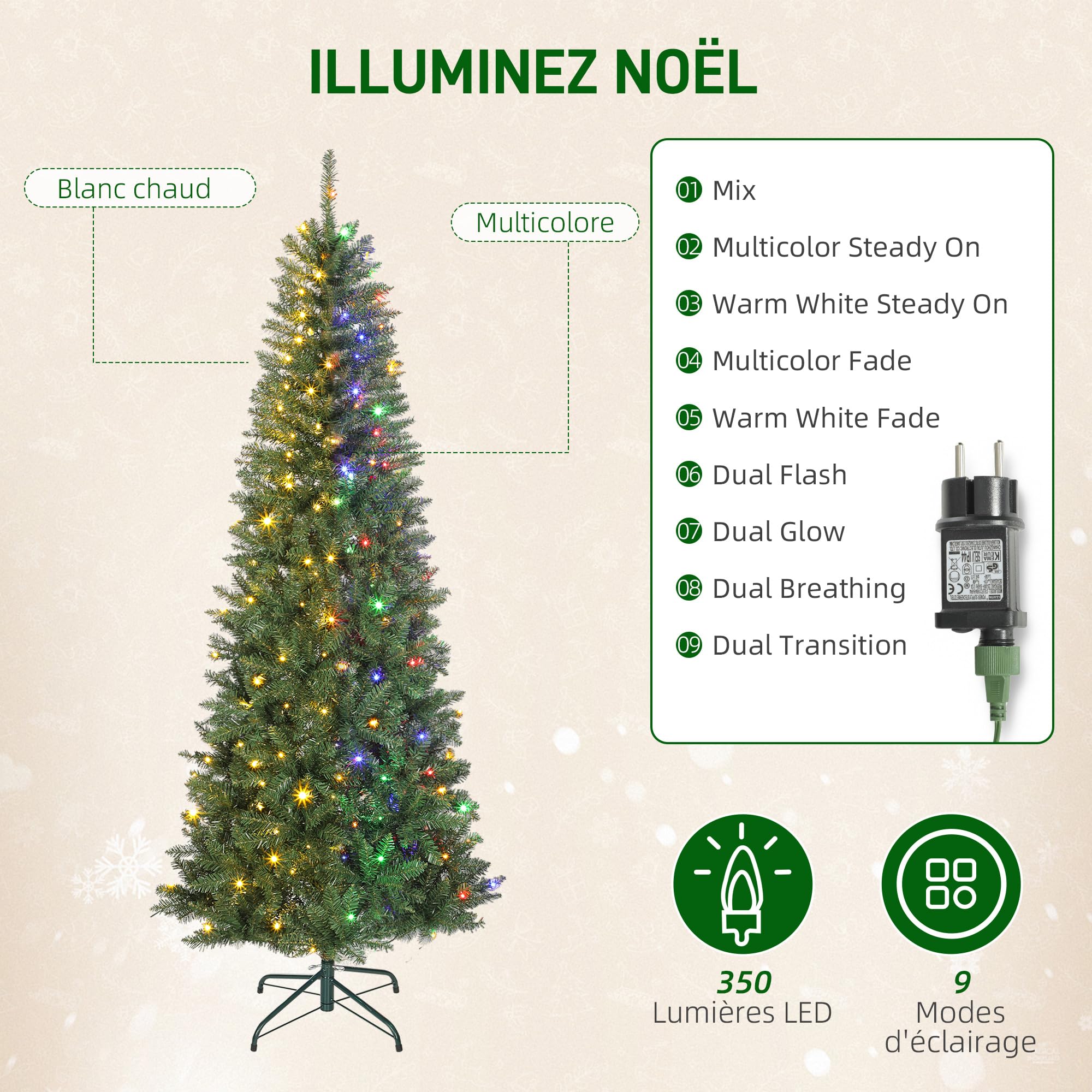 HOMCOM Sapin de Noël Artificiel 210 cm 350 Lumières Blanches Chaudes Vert | Arbre de Noël Fin, Lumières Multicolores, 9 Modes d'Éclairage, 1273 Pointes de Branche Articulée, Support en Métal Pliable