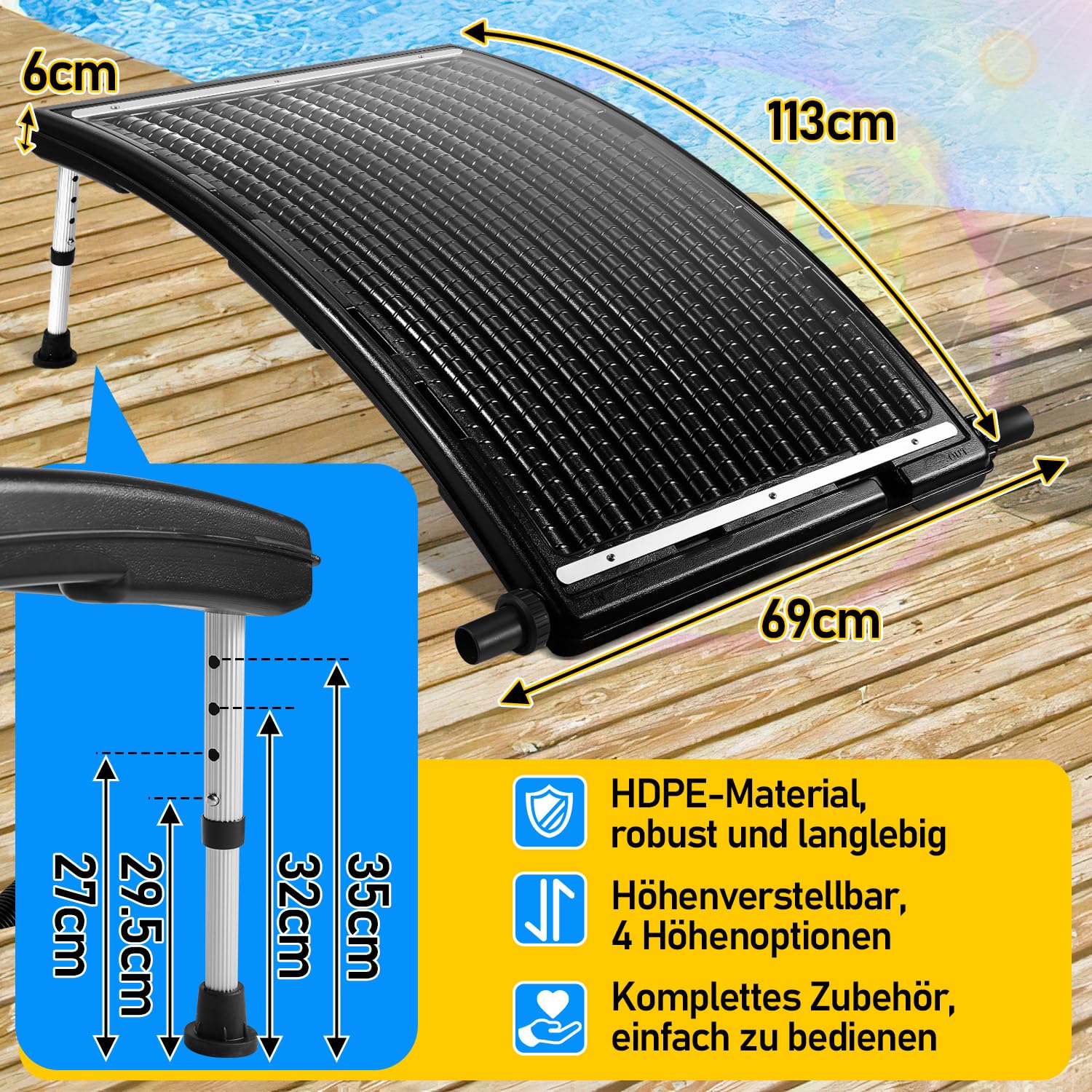 Solarheizung Pool x 1, Pool Solarheizung Solarkollektor 110 x 65 x 35cm, Höhenverstellbar Solar Poolheizer für Pools bis 10000 L/H, 32/38mm Anschluss Poolheizung Solar Heizung Wasser