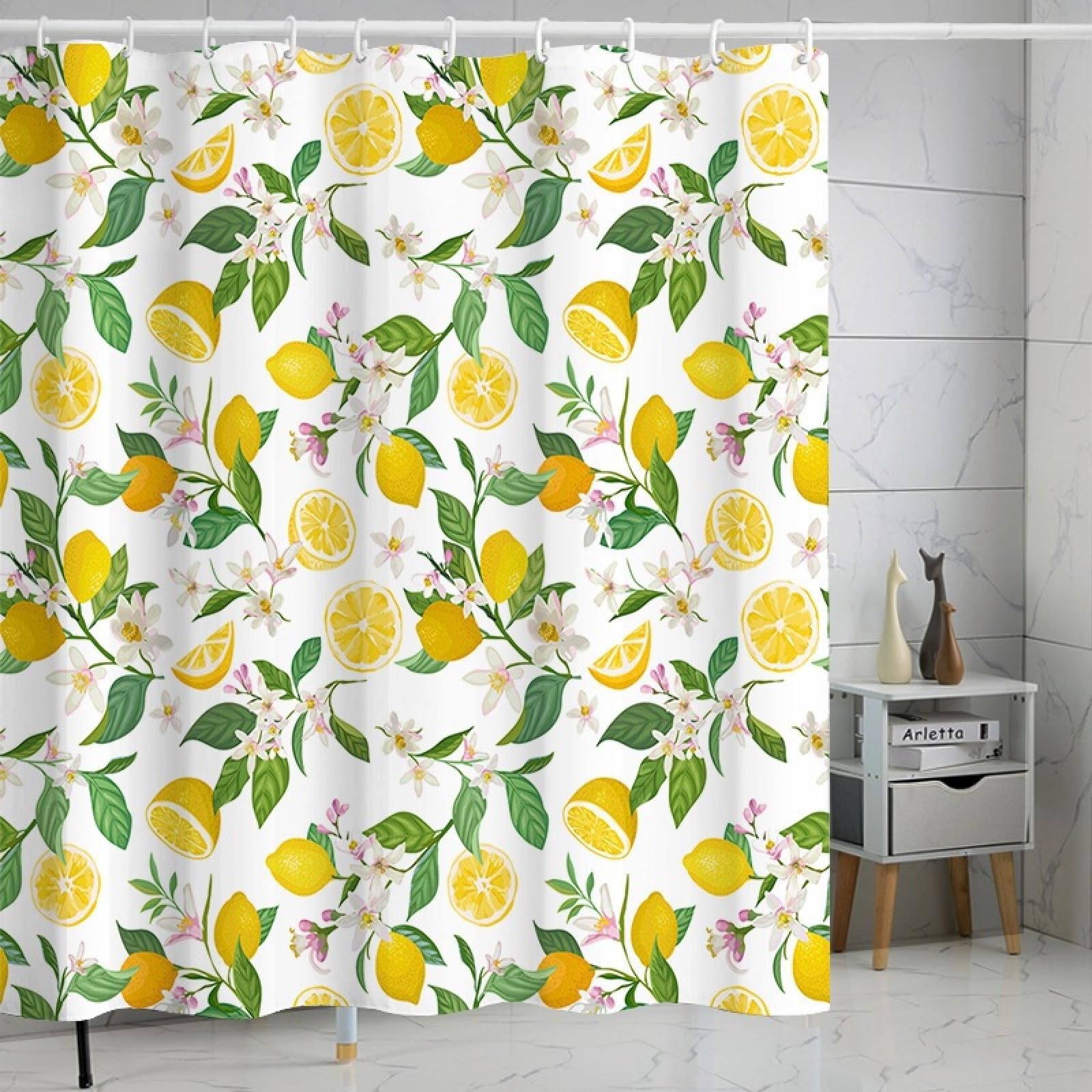 Shower Curtains Yellow Lemon Blossom Wet Room Shower Curtain Mould Proof Resistant Waterproof Polyster Fabric Washable with 12 Hooks Garden Bathroom Curtains (180x180cm)