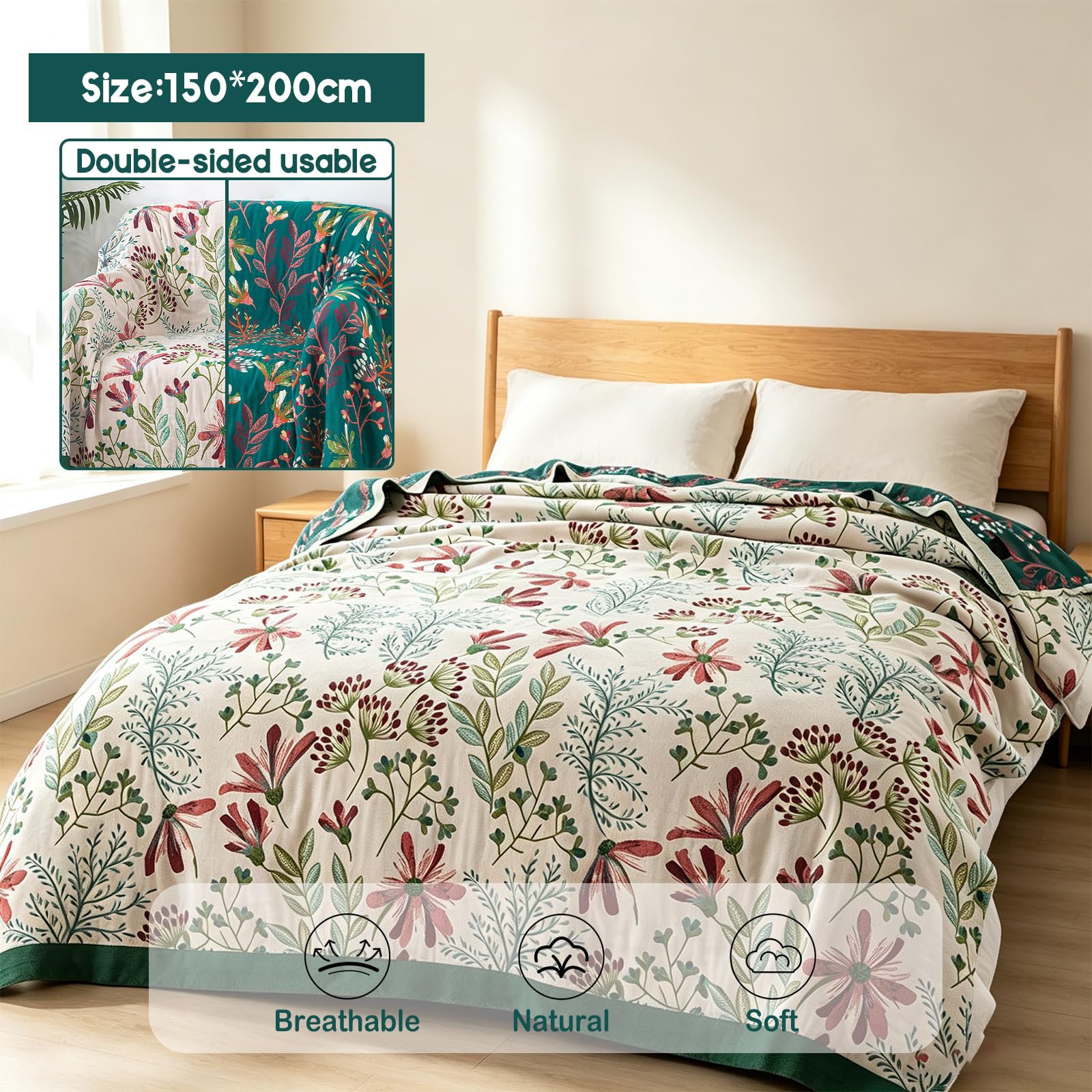 Copriletto boho, 150 x 200 cm, 100% cotone, double face, morbido, per soggiorno, per tutte le stagioni