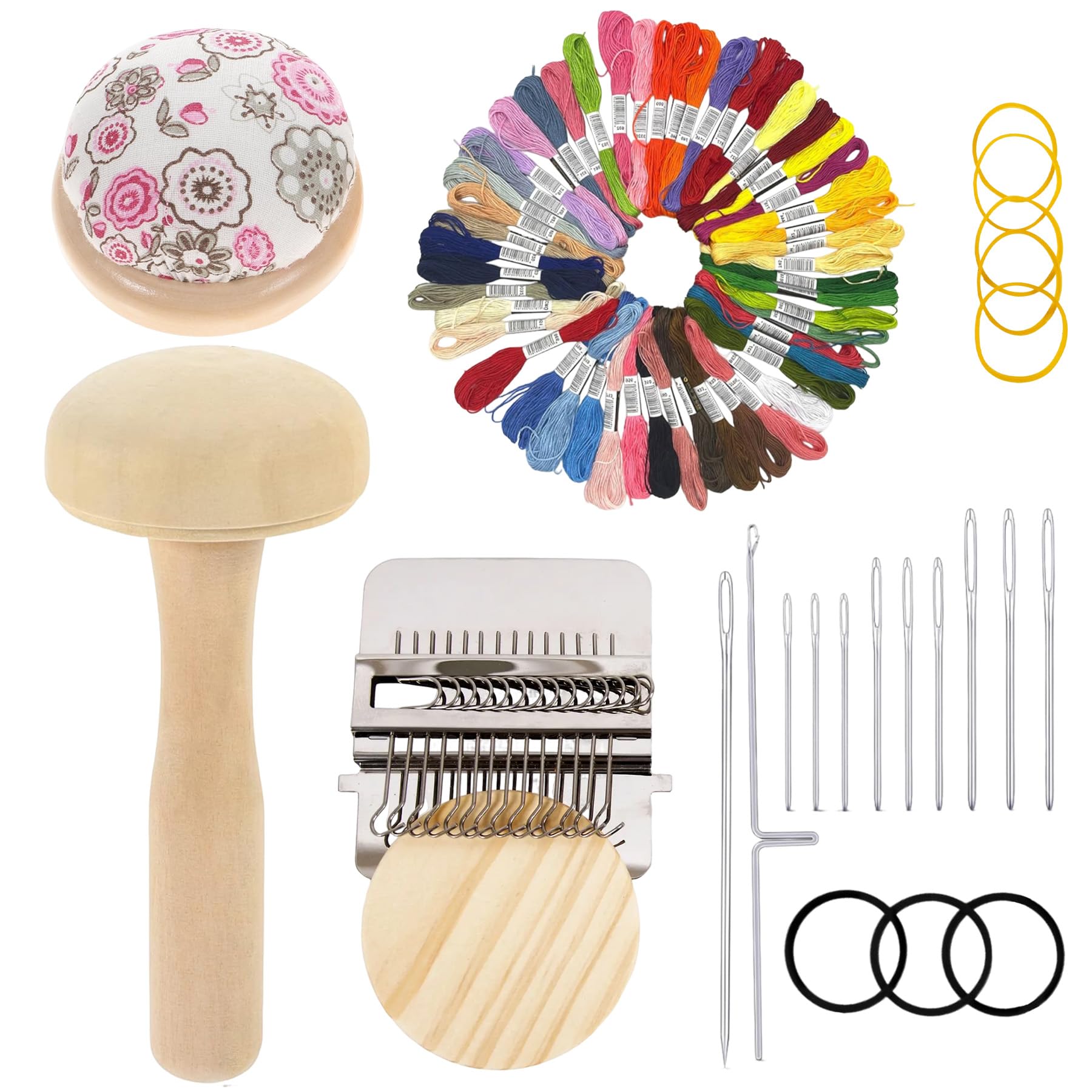 GAESHOW Darning Loom Machine, Small Darning Loom Weaving Loom, Mini Weaving Repair Tool Kit with Mushroom, Speedweve Type Tool, 11 Hooks, 50 Colour Threads, Darning Kit, Weaving Loom for Adults