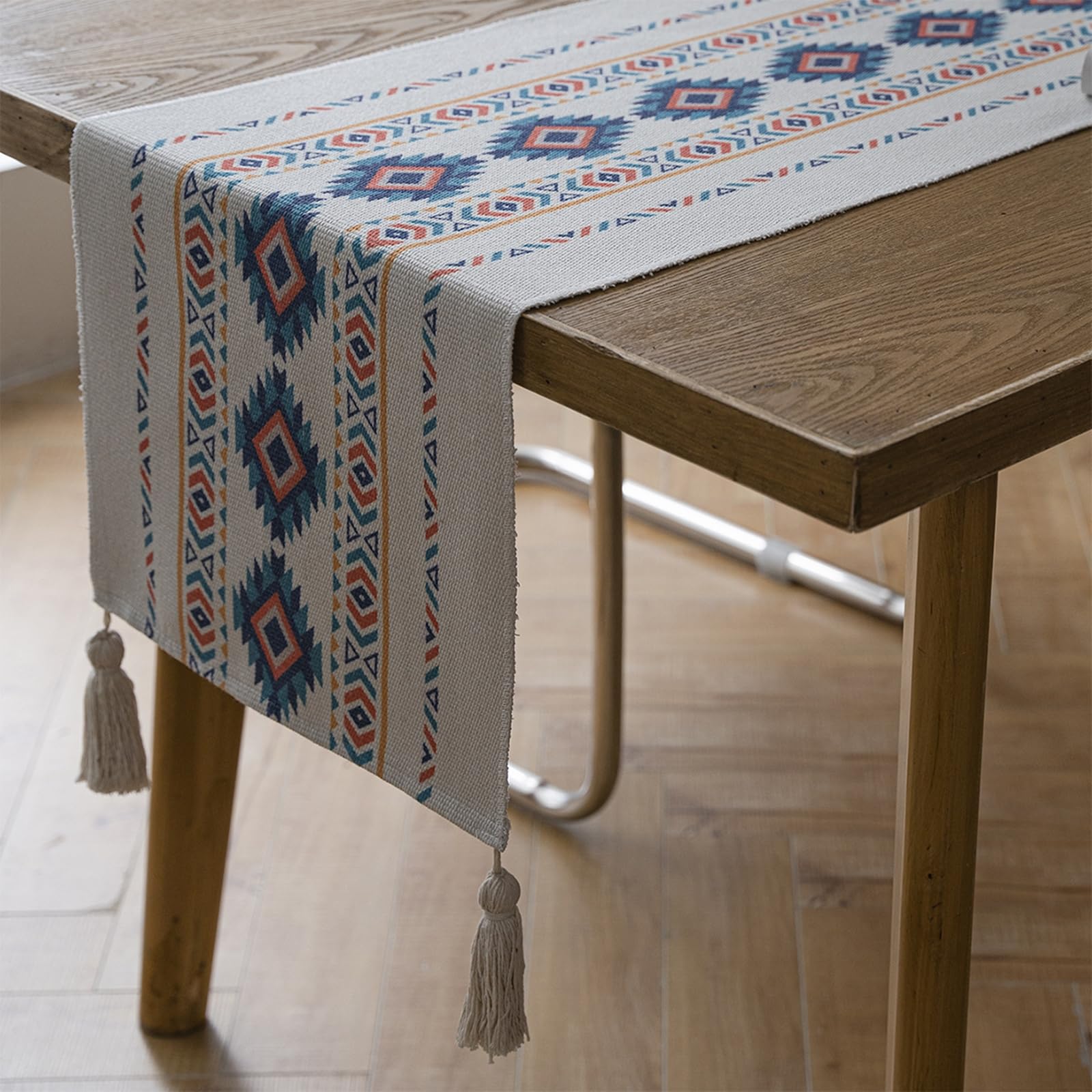 Bieżnik na stół bawełniany len 35 x 180 cm, nowoczesny zmywalny geometryczny wzór rombowy z frędzlami dekoracje ślubne stoły kuchenne, beżowy niebieski