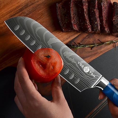 Miniatura 5 de YUSOTAN Cuchillo japonés Santoku  Cuchillo de cocina de 7 pulgadas con hoja afilada de acero inoxidable de alto carbono con caja de regalo,