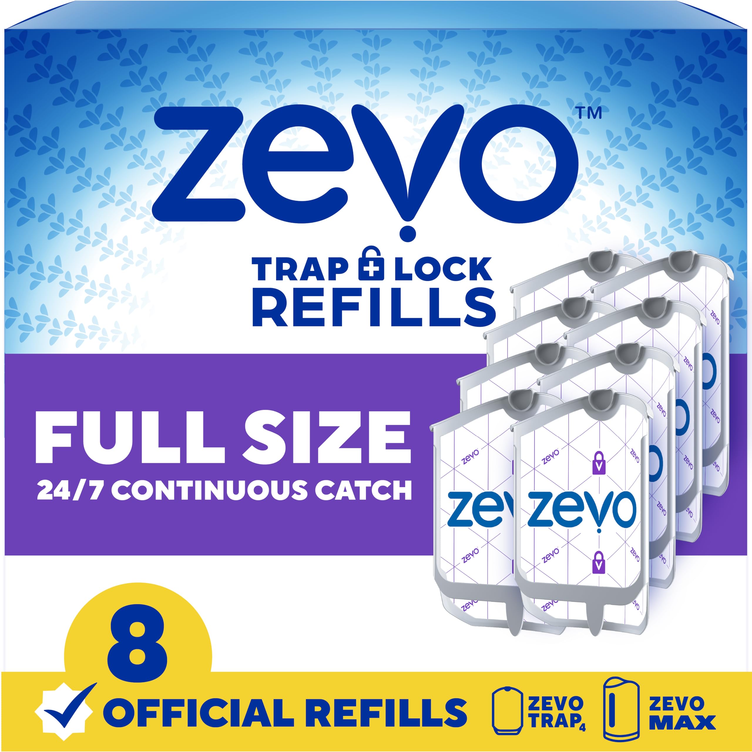 Zevo Flying Insect Trap Official Refill Cartridges - Fits Both Zevo Trap & MAX Indoor Fly Trap - Authentic Trap+Lock Technology to Catch Gnats, House & Fruit Flys (8 Official Refill Cartridges)