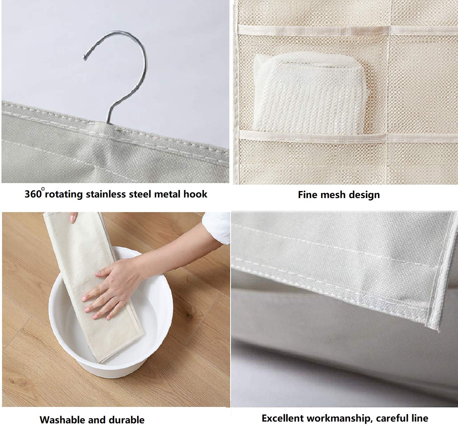 Hänge-Organizer mit Netztaschen und drehbarem Metallbügel, doppelseitiges Wandregal, Kleiderschrank-Aufbewahrungstaschen, Oxford-Stoff, platzsparende Tasche für BHs, Socken (weiß, 30 Taschen)