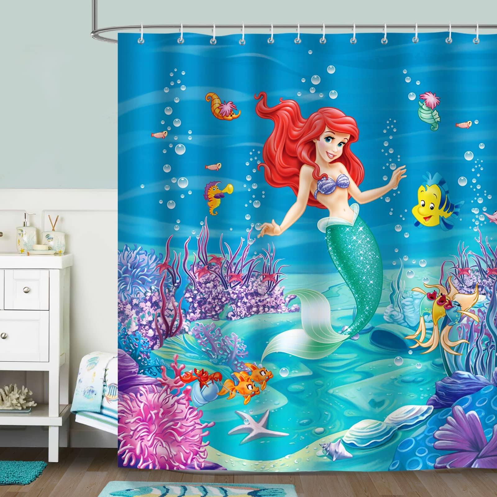 Fangkun Ocean World Theme Shower Curtain Happy Clown Fish Bath Curtains Set