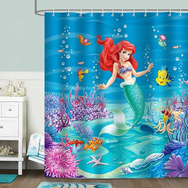 Bonhause The Little Mermaid Shower Curtain for Kids Under the Sea Fish 180 x 180 cm Girls Blue Bathroom Curtain Mildew & Mould Resistant Polyester Fabric Waterproof Bath Curtain with 12 Hooks