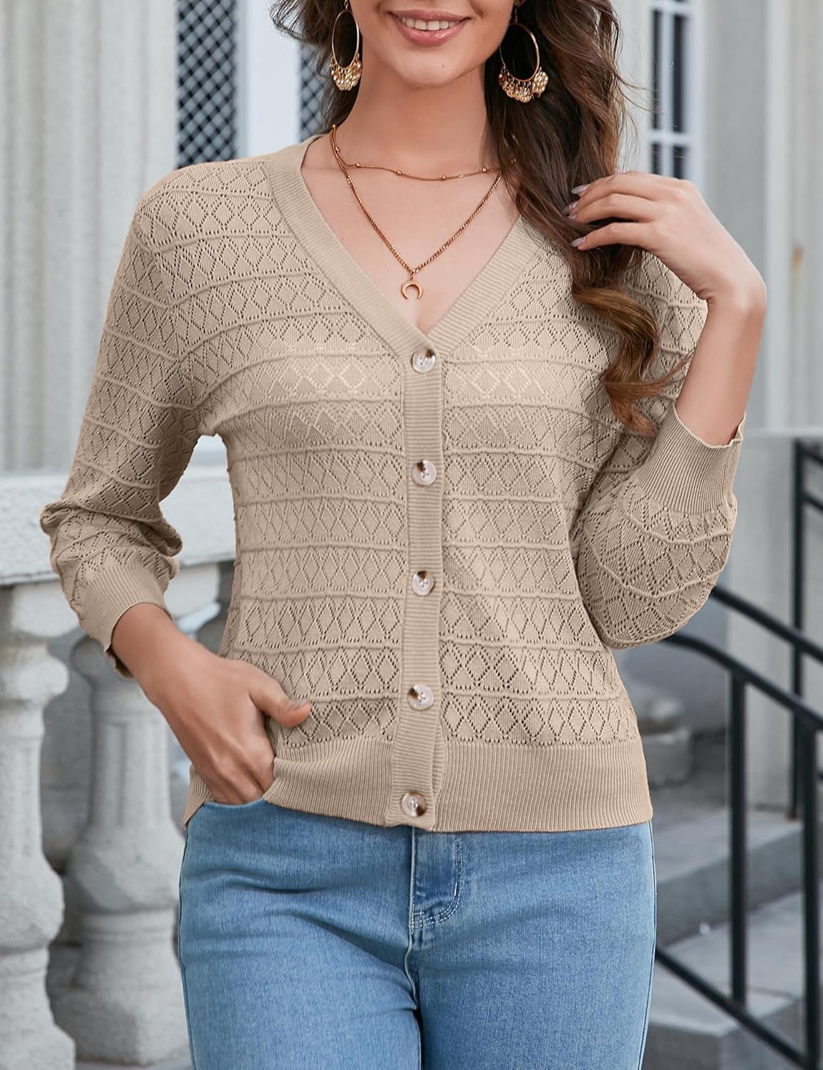 Women's 3/4 Sleeve V-Neck Button Down Cardigan Knit Shrugs Sweater - Image 5