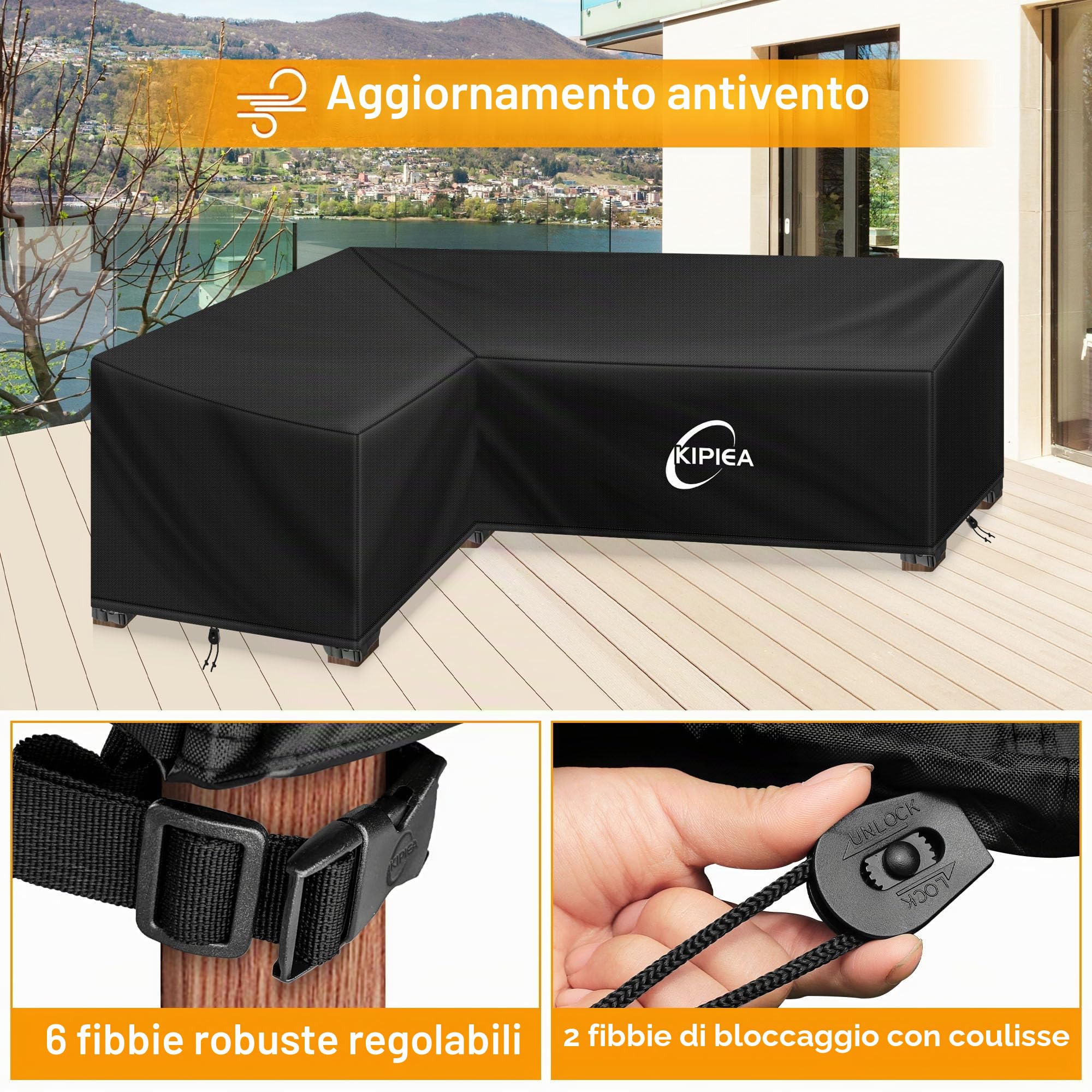 Kipiea Coperture per mobili da giardino a forma di L Impermeabili, Copertura per divano angolare da esterno 420D Tessuto Oxford Antivento, Anti-UV, Resistenti agli Strappi - ( 214x264x85x78/61cm)