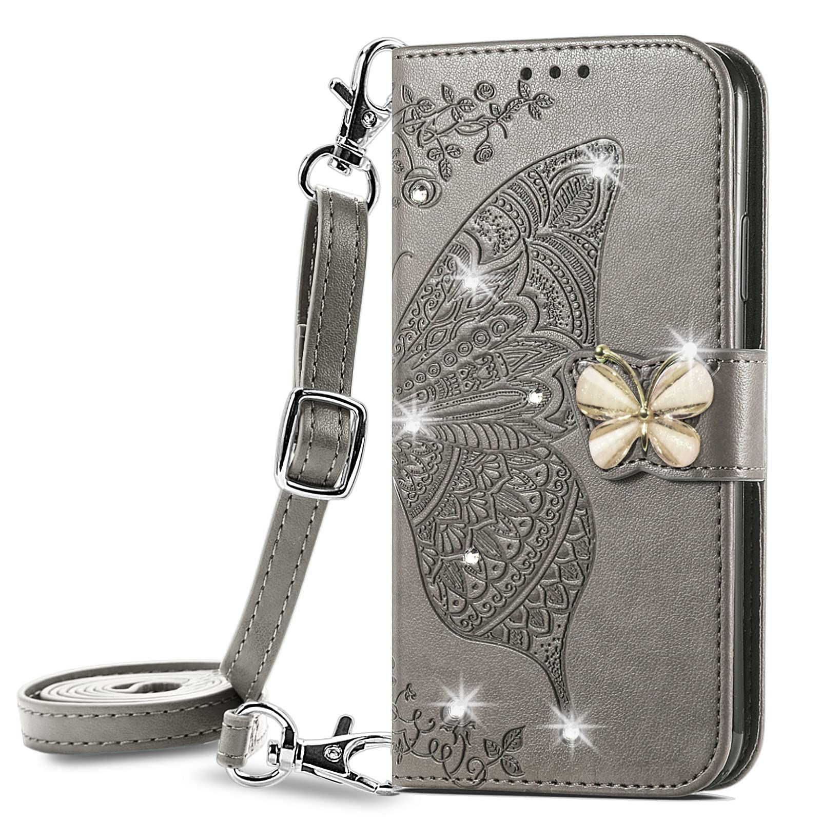 ONV Wallet Case Compatible with iPhone 14 Plus 6.7" -1.5M Adjustable Strap Emboss Butterfly Flip Phone Case Card Slot Magnet Leather Shell Flip Stand