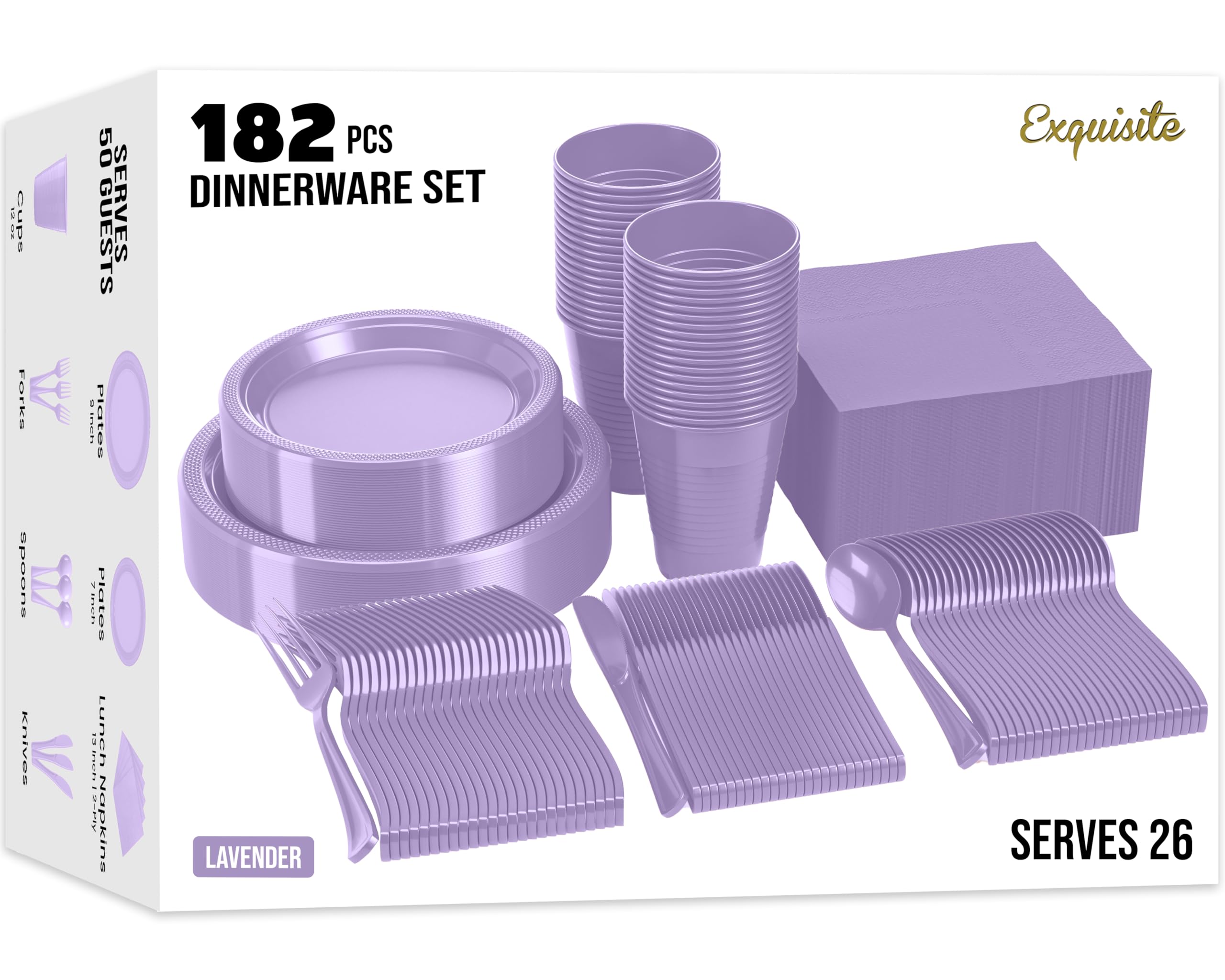 Exquisite 182 Pieces Lavender Plastic Plates For Party, Lavender Disposable Plates Set, 26 Of Each 9" Dinner Plate Set, 7" Dessert Plate, Cups,
