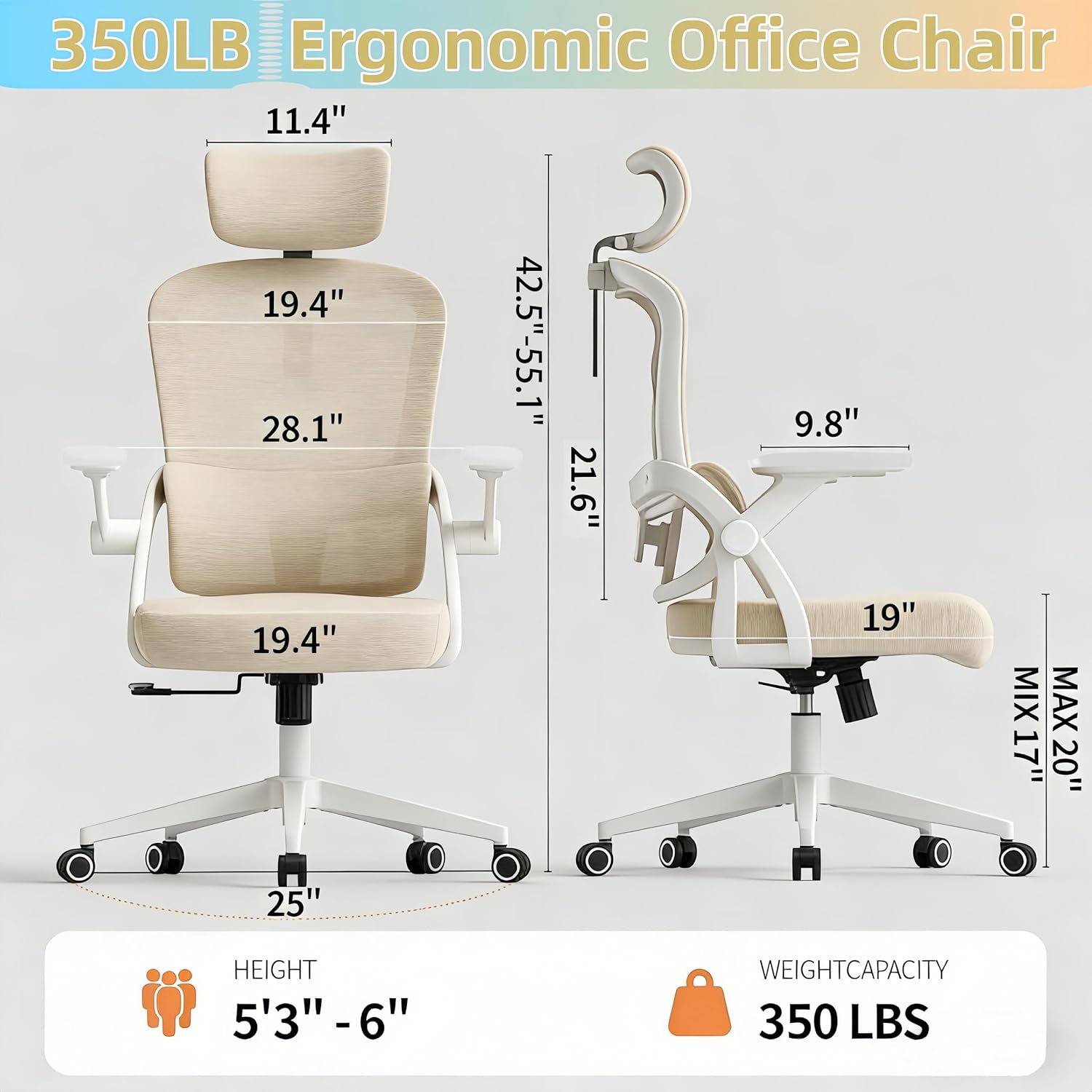 Ergonomic Office Chair - 350LB Comfy Desk Chairs with Adjustable Headrest and Lumbar Back Support, Mesh Computer Chairs with Wheels and Arms for Home Office, Study