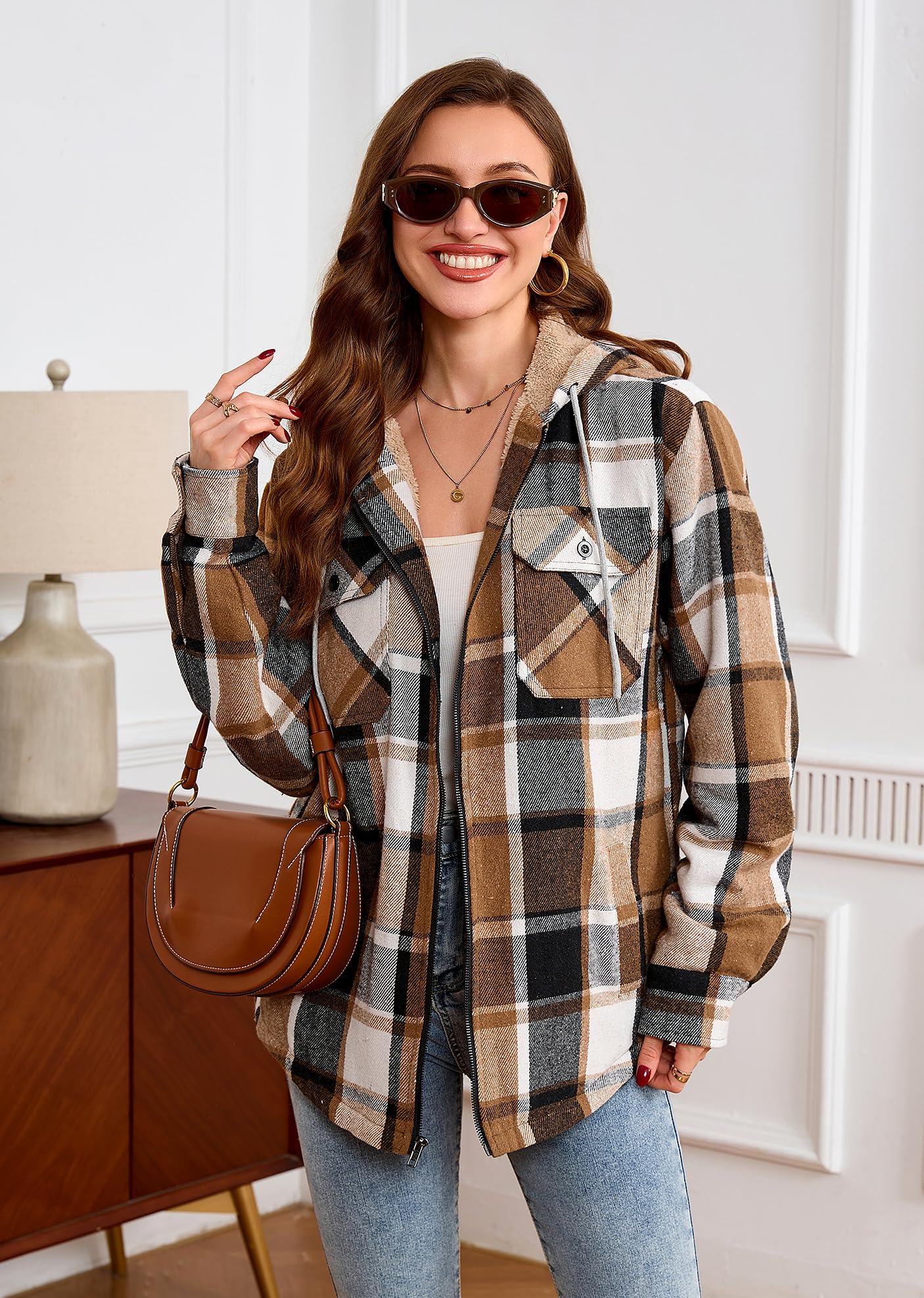 WINDFIT Damen Fleece-Flanelljacke mit durchgehendem Reißverschluss, kariert, Sherpa-Futter, Jacke für Damen