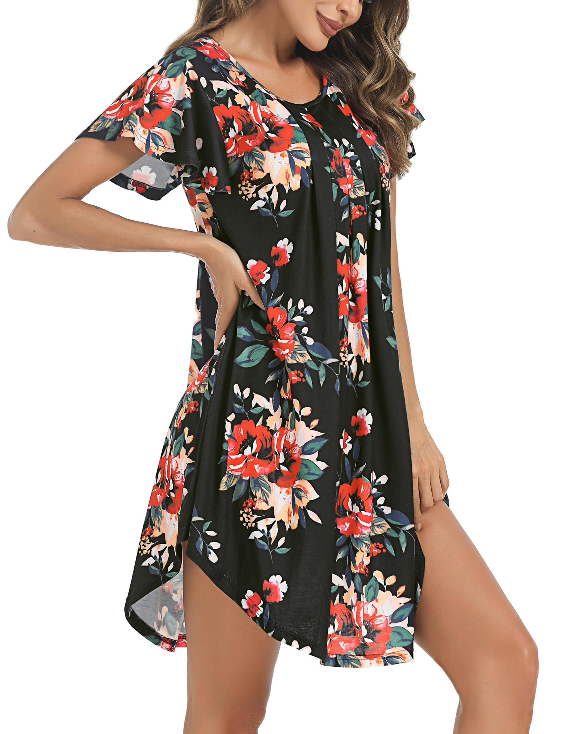 Uniexcosm Camicia da Notte, Camicia Notte Donna Cotone Corta Camicia Notte con Girocollo Sciolto Maniche Corte Camicia da Notte Volant Lovable Sleepwear per Casa e Casuale